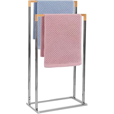 SPRINGOS Toallero de pie con 2 barras para toallas, para baño, accesorio de baño, para ropa, metal, bambú (color acero inoxidable), 2 barras de toalla