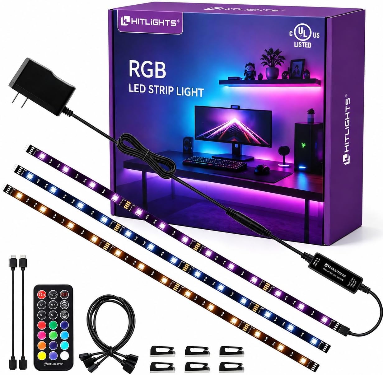 Hitlights LED Strip Lights 3 Pcs 1.64FT RGB Small LED Light Strips Kit Dimmable RGB 5050 Color Changing Tape Lights TV Backlight Display Case Lights Shelves Lighting with RF Remote & UL-Listed Adapter