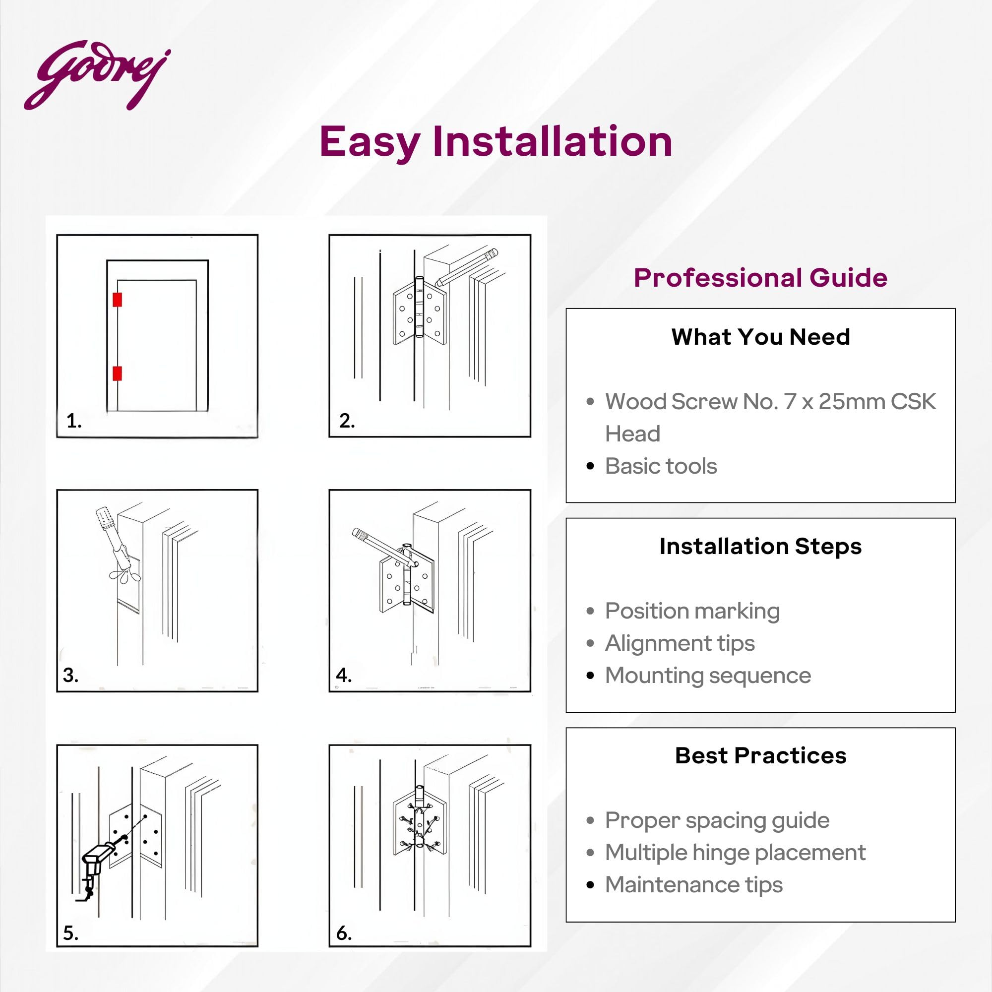 Godrej Door Fitting I 3 Inch x 14 Gauge Door Hinges (9 Pcs) | Main Door, Windows, Bathroom of Home, Office, Hotel I Kabja for Door, 1.6mm Thickness | Premium Look, Satin Finish — Amazon image 7