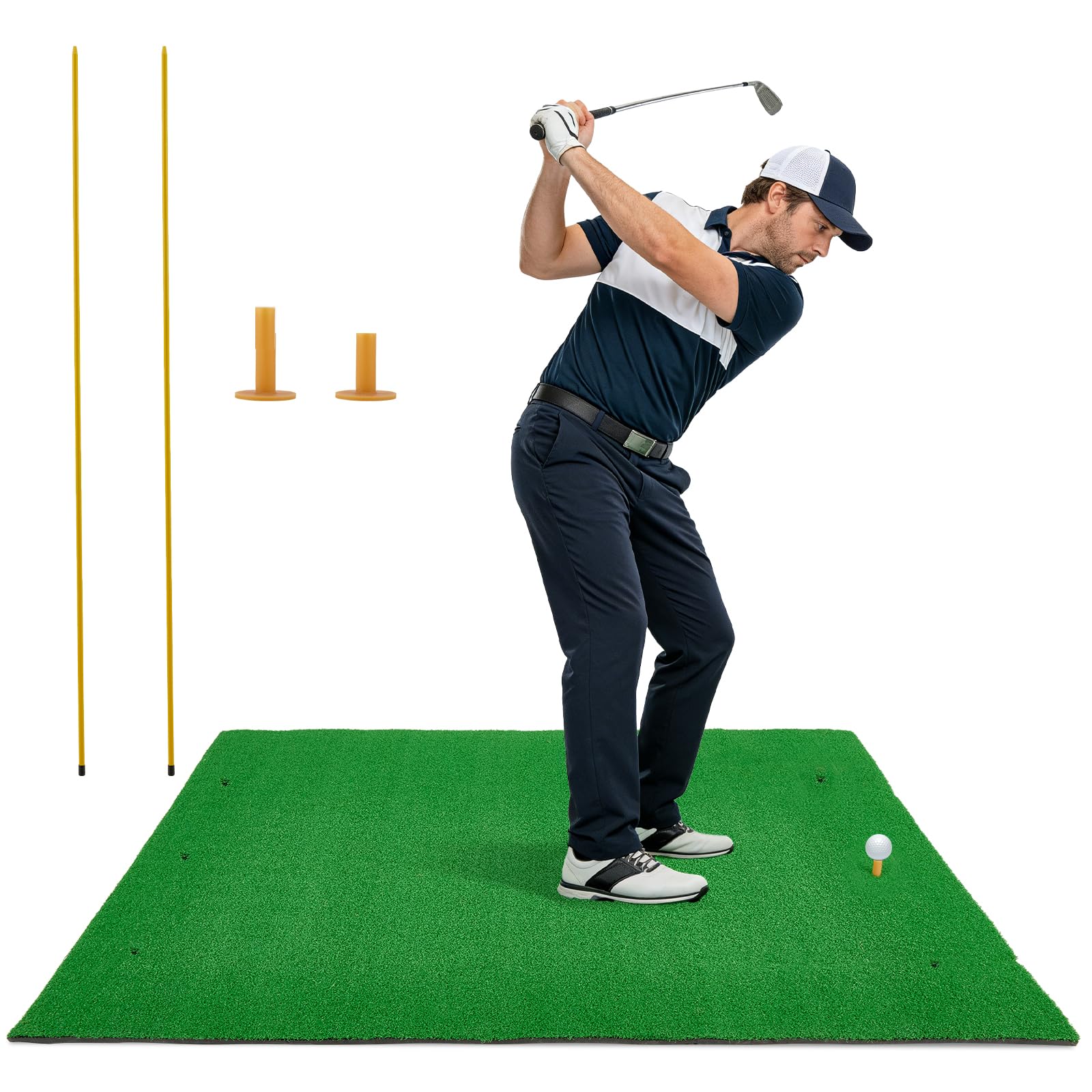 Golf Hitting Mat, 3.3 x 4.9 ft with 2 Rubber Tees & 2 Alignment Sticks – Portable Golf Practice Mat, Non-Slip PVC Bottom, Realistic Grass Feel, Foldable for Backyard, Garage, Indoor/Outdoor