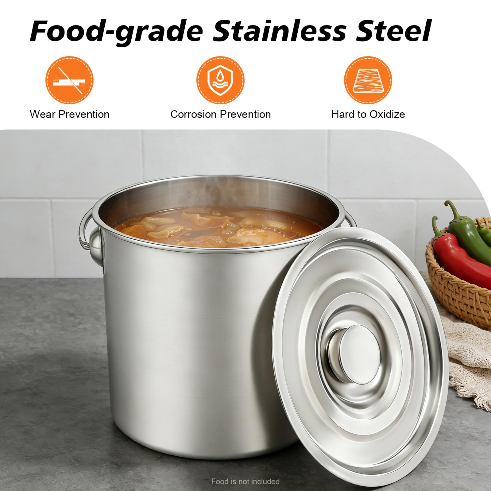 Secchio con coperchio, 12 l, in acciaio inox, per cucina e alimenti, secchio in metallo in acciaio inox, secchio per acqua con maniglia e coperchio
