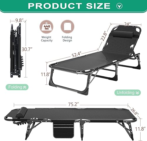 Miniatura 6 de Barbella Catres plegables para camping, tumbonas para patio con colchón, 4 posiciones ajustables plegables para dormir, tumbonas para tomar el sol,