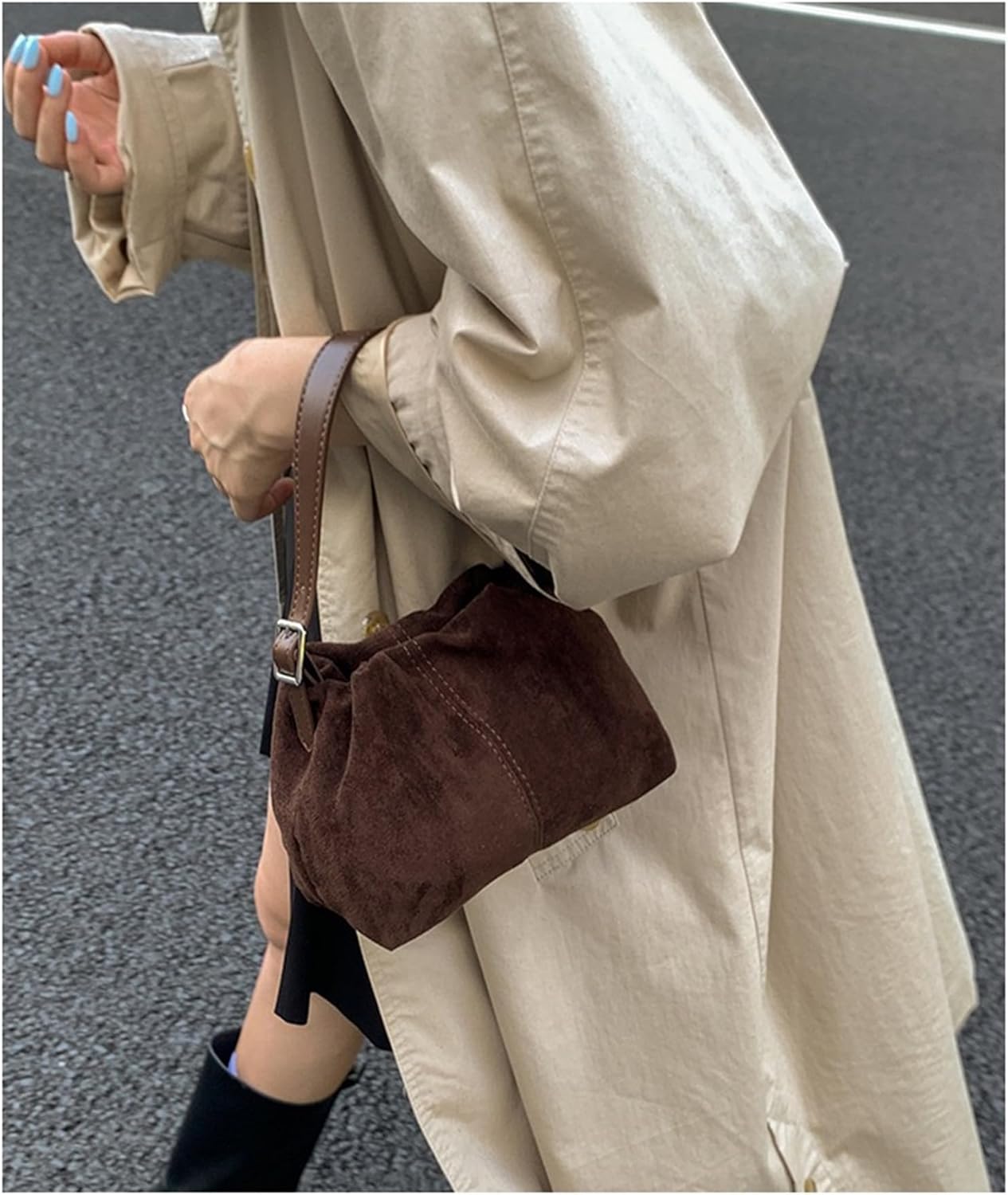 Women Vintage Suede Handbag Small Tote Bag Drawstring Bucket Bag Faux Suede Crossbody Bag Everyday Shoulder Bag Winter Purse - Image 5