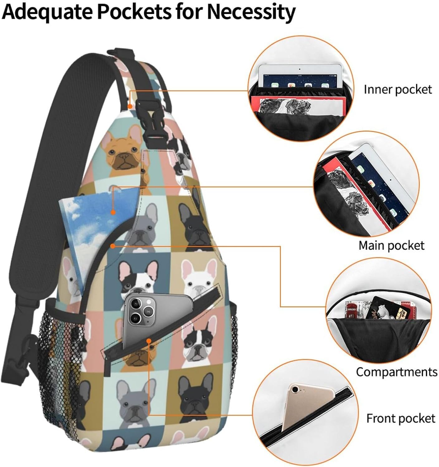 French Bulldog Printed Crossbody Sling Backpack,Travel Hiking Chest Bag Daypack,Multipurpose Crossbody Shoulder Bag Small