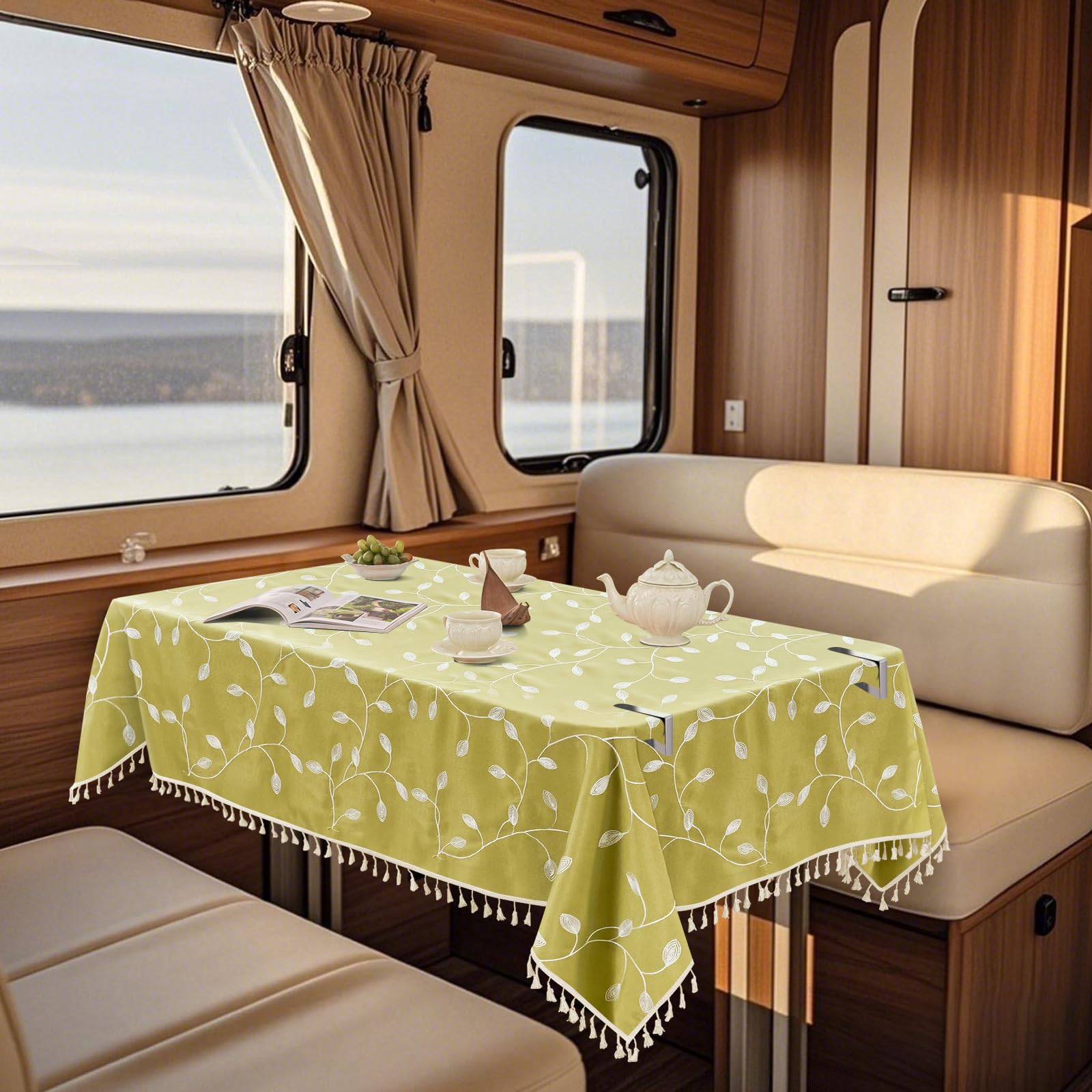 SYLC Waterproof Linen Tablecloth for Motorhome, Outdoor Table Cloth Rectangular with 6 Clips Non-slip, Wipeable Table Sheet for Dining/dinette (printed 26,110 cm × 160 cm)