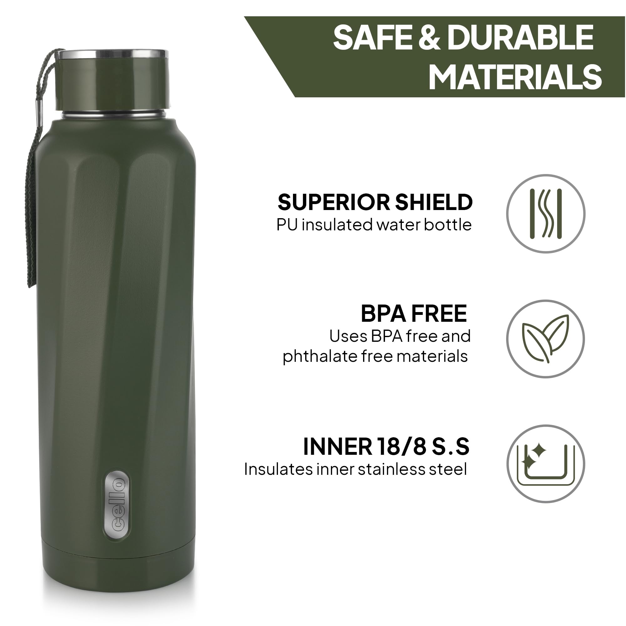 Cello Puro Steel-X Turbo Water Bottle - Military Green -2