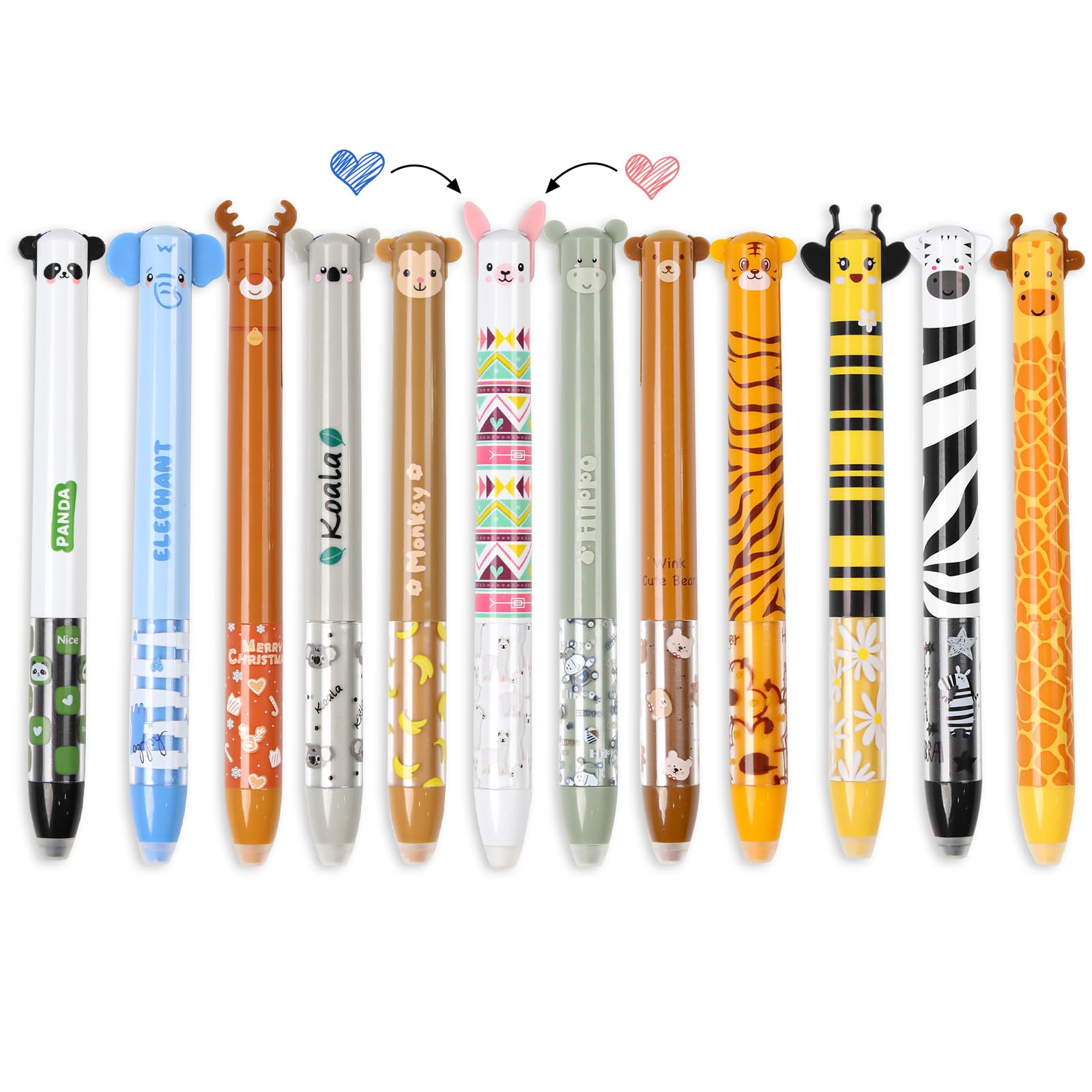 Set di 12 penne gel cancellabili con motivo testa di animale, penne cancellabili bicolore da 0,7 mm, cancellabili per scuola, ufficio, studenti, cancellabili con gomma