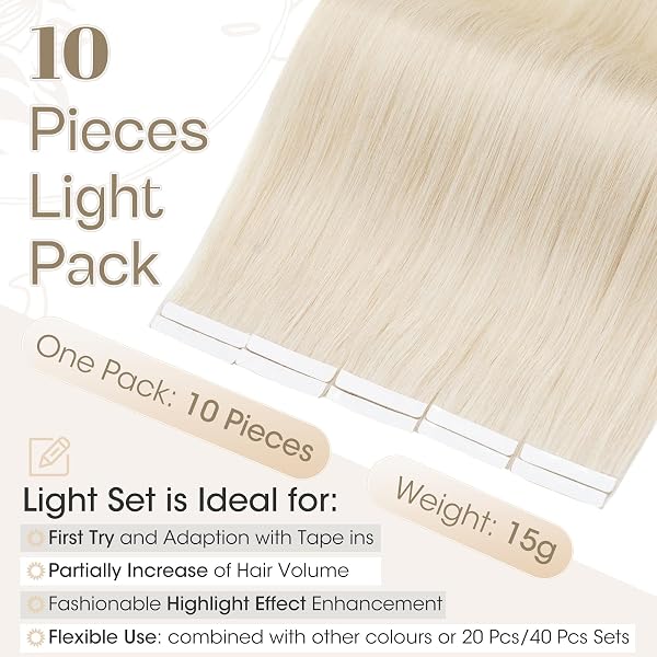 Elailite Tape in Hair Extensions Human Hair Real Human Hair 10 Pcs Invisible Thin Type - Seamless Skin Weft Remy Hair Extension (#70 Bleach White, 12 Inch-10g) - 3