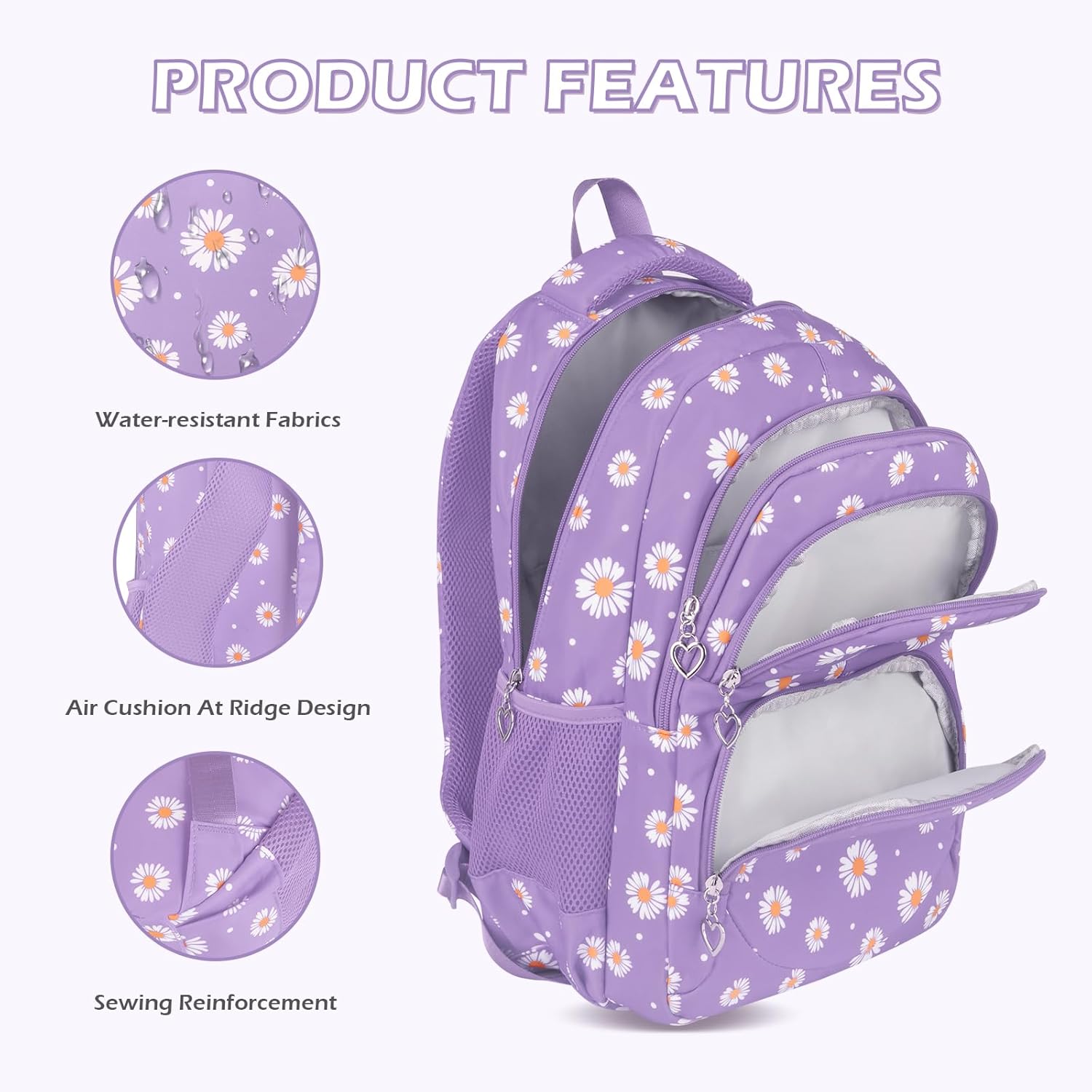 goldwheat Daisy Printed Backpacks With Lunch Pack Pencil Case 3pcs, Lightweight Waterproof Bookbag For Middle School - Image 4