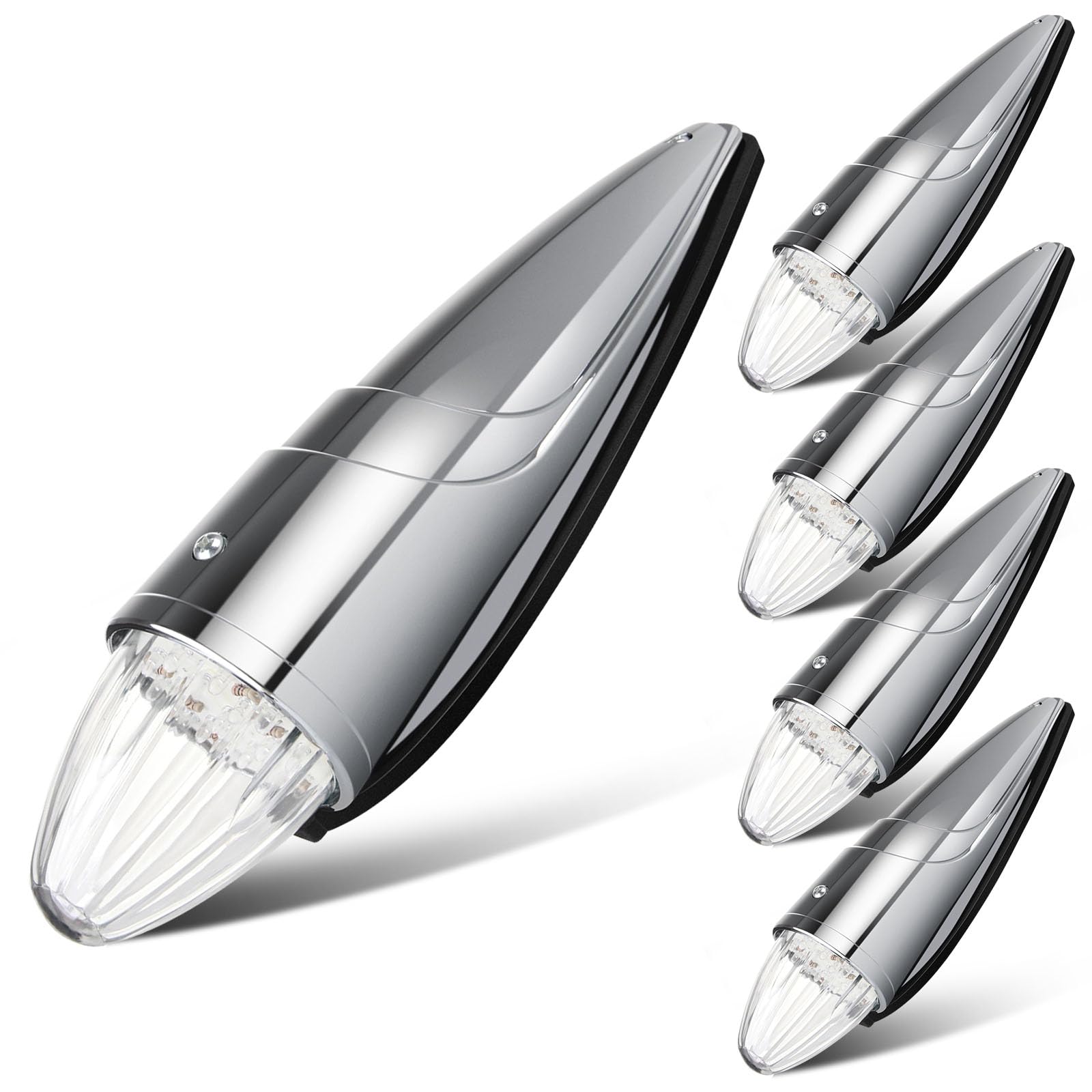 LBRST 17 LED Torpedo Cab Lights Chrome Clear LED Top Cab Marker Roof Running Lights Assembly Compatible with Kenworth/Peterbilt/Freightliner/Mack//International Paccar Heavy Duty Trucks (5 pcs)