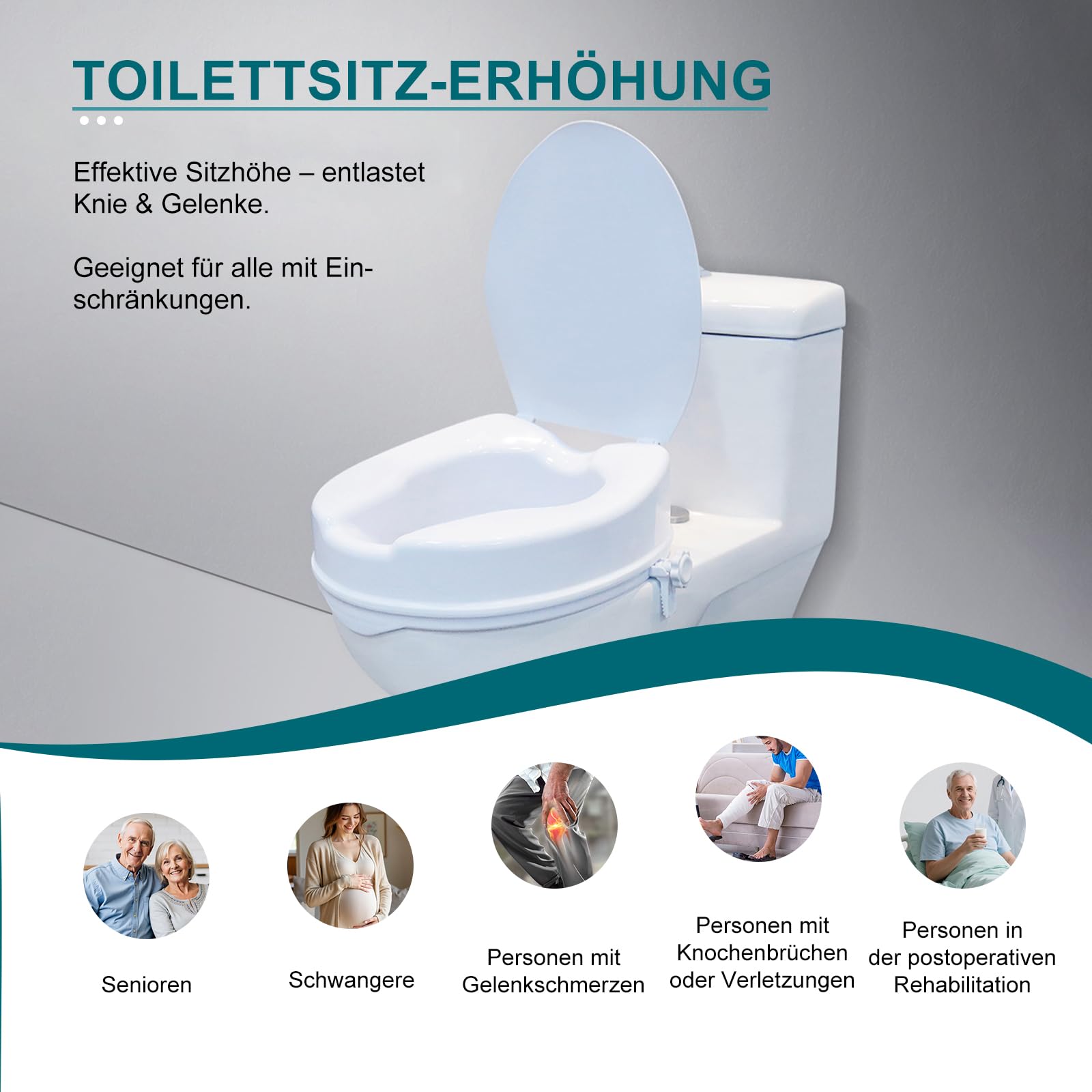 Erhöhter Toilettensitz für Erwachsene, Toilettensitzerhöher Senior WC-Aufsatz 13 cm, mit Deckel, für ältere Menschen und eingeschränkte Mobilität, einfache Montage und Reinigung