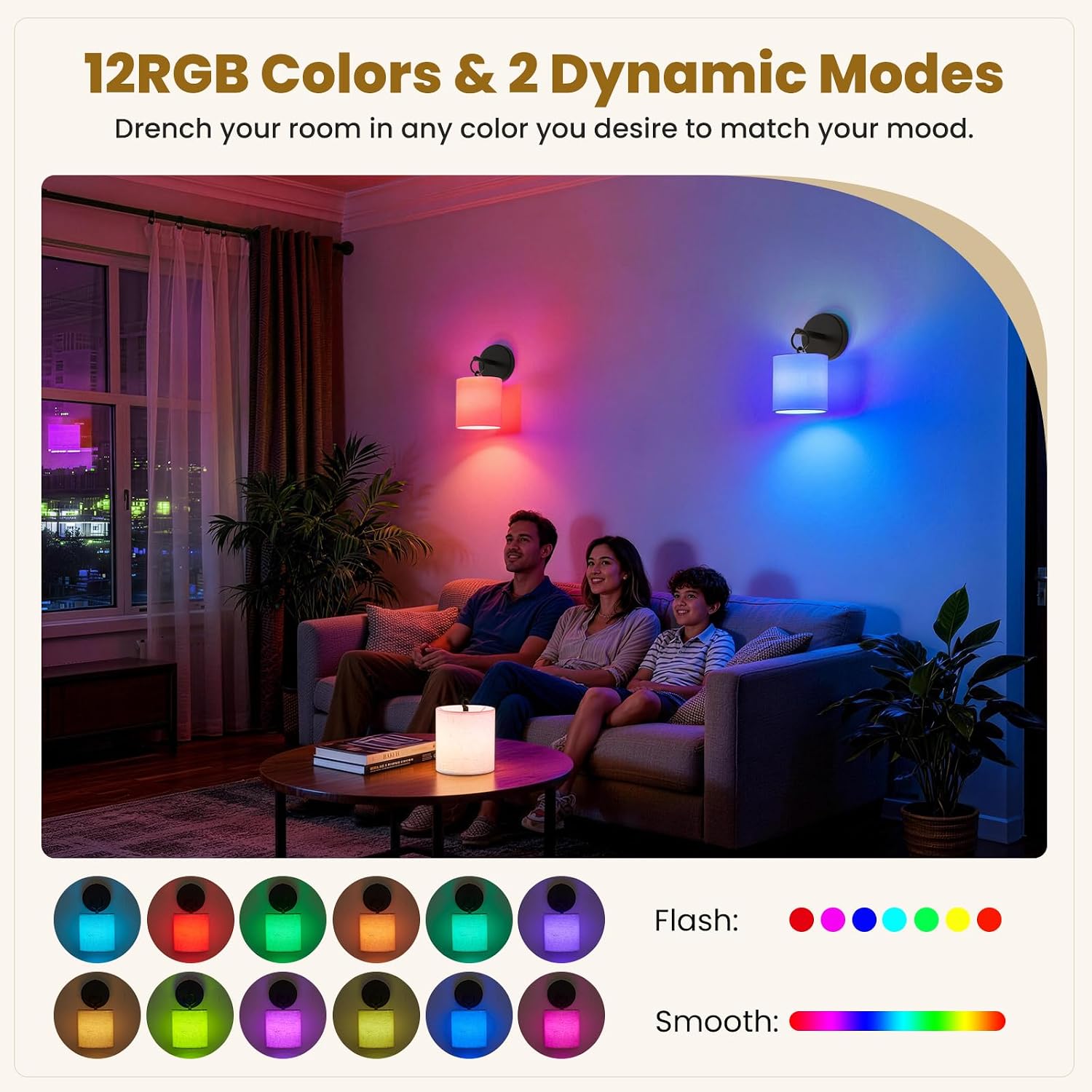Peel and Stick Sconces Set of 2 Black, Detachable Battery Operated Wall Sconce With 10000 mah Rechargeable Bulbs, 12 RGB Battery Sconce With Remote, Renter Friendly Wall Lamps for Living Room,Bedroom image 5
