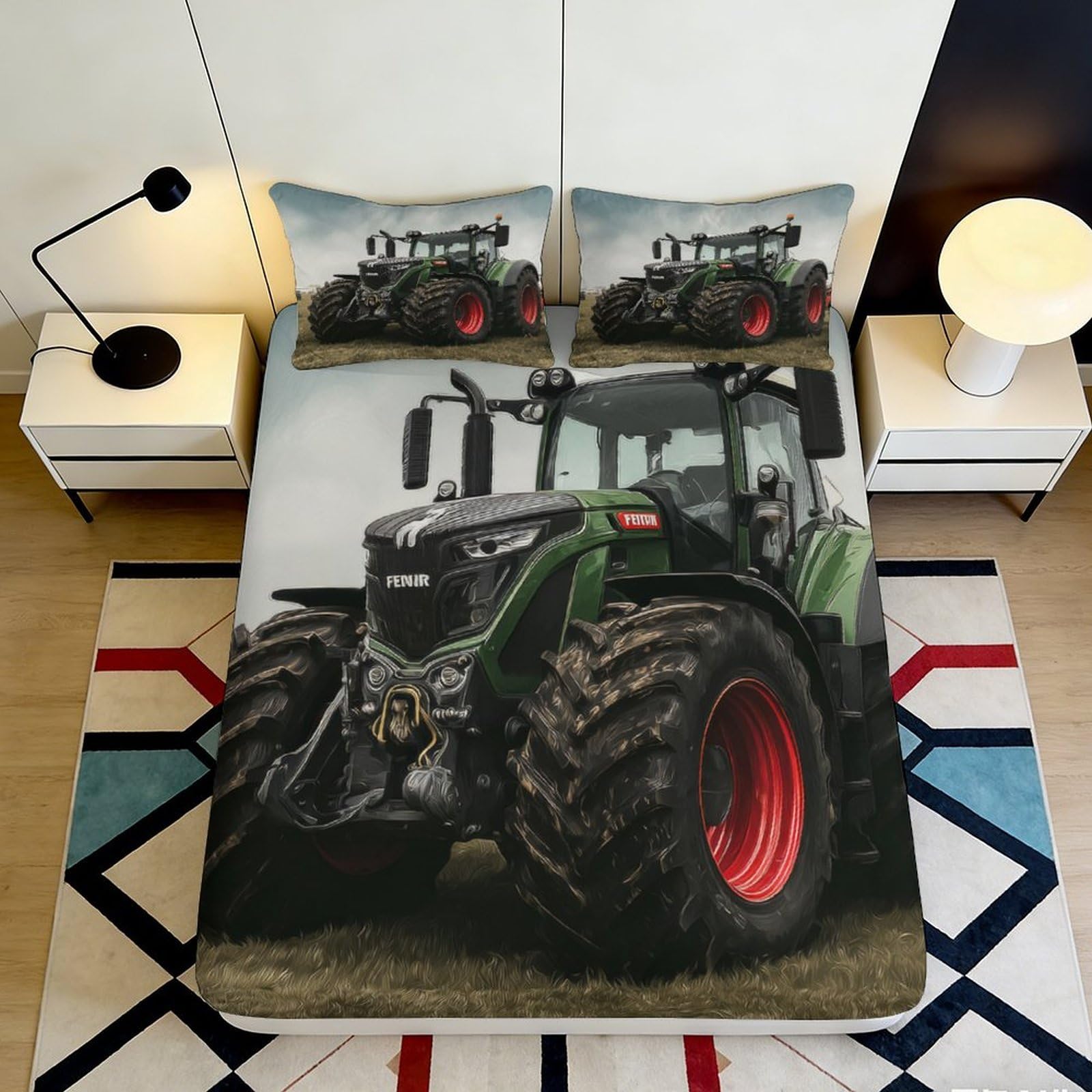 3D Printed Green Tractor Fitted Sheet Microfiber Soft Breathable Farm Machinery Bed Cover for Bedroom Dorm Mattress Protection Decor 180x200x25cm