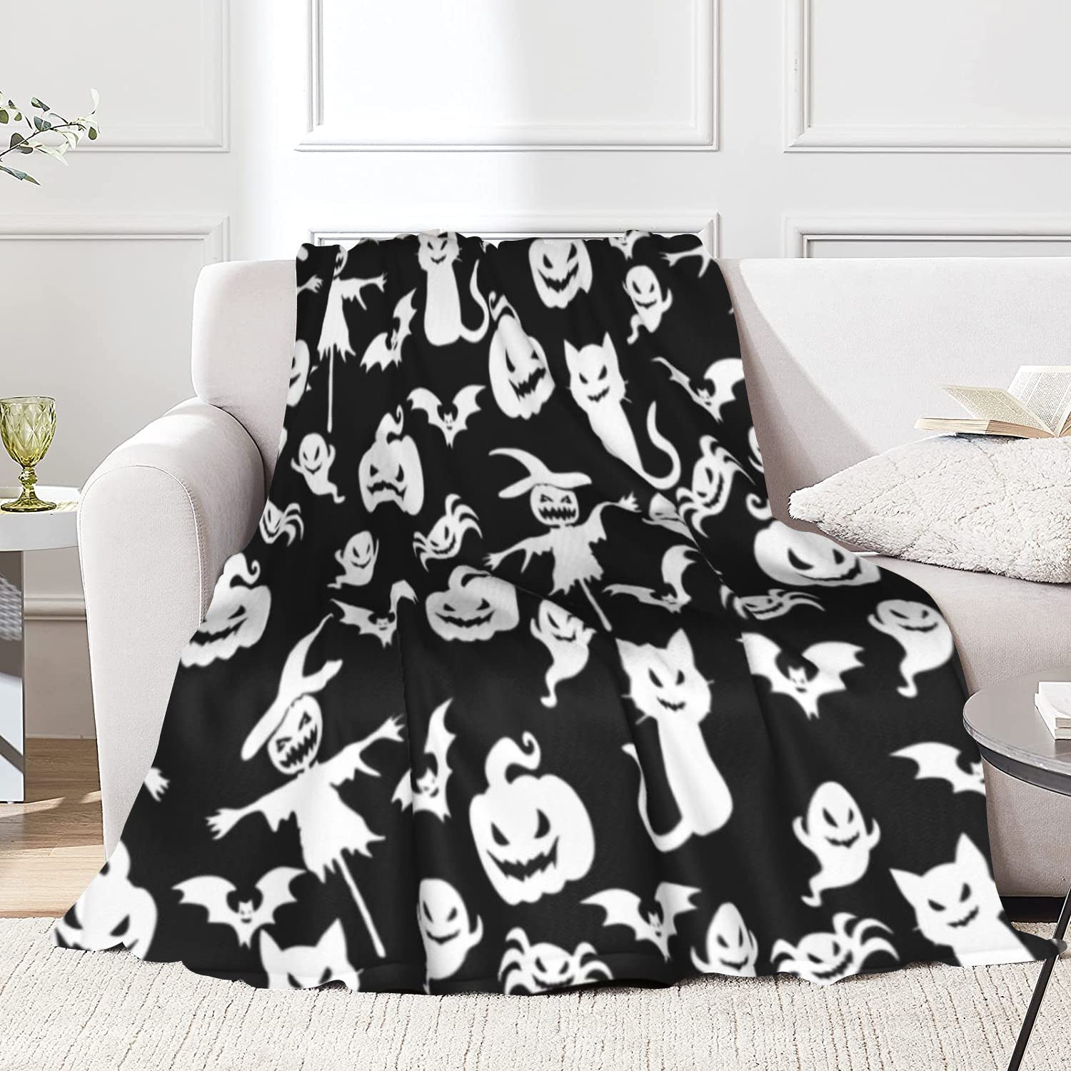 JOOCAR Halloween Flannel Throw Blanket - 60x80 Inch, Evil Party Cat Ghost Pumpkin Bat Spider Scarecrow Black and White Cozy and Soft Plush Warm Blankets for Bed Couch Living Room Sofa Chair โ image 1