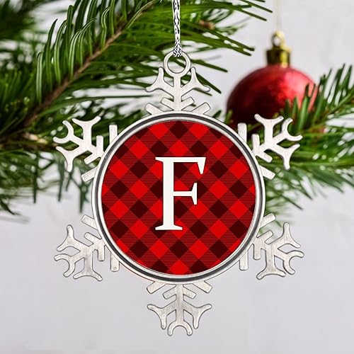 Miniatura 2 de LITTLEGROVE SEEDS Adornos de Navidad con monograma, letra F, adorno para decoración de árbol de Navidad, adornos de metal a cuadros rojos, regalos