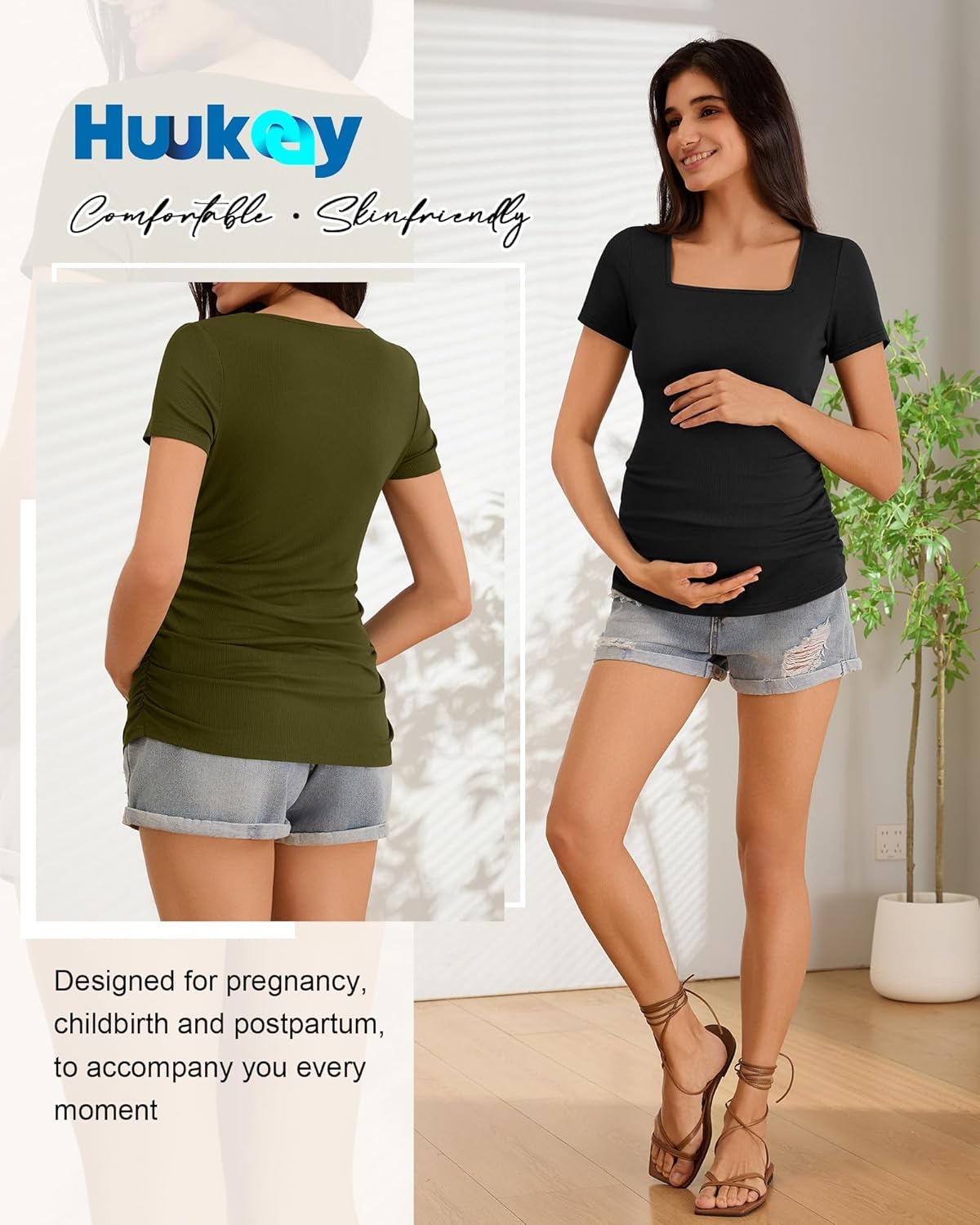 Huukeay 3 Pack Women's Maternity Shirt Ribbed Cotton Short Sleeve Maternity Top Square Neck Side Ruched Summer Pregnancy Tees - Image 6