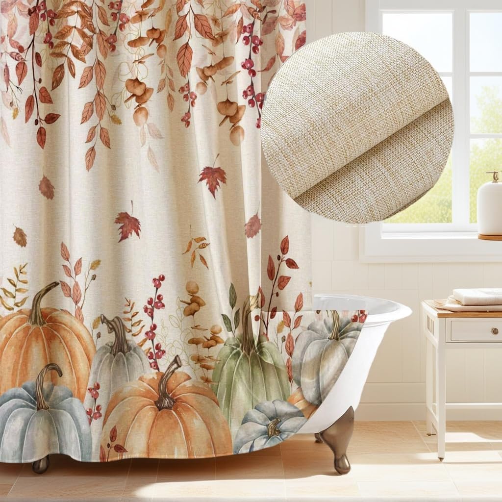 Fall Pumpkins Leaves Linen Shower Curtain Yellow Orange Watercolor Eucalyptus Leaves Fabric Shower Curtain Set with Hooks, Autumn Thanksgiving Harvest Shower Curtains for Bathroom, Bath Curtain 71x84"