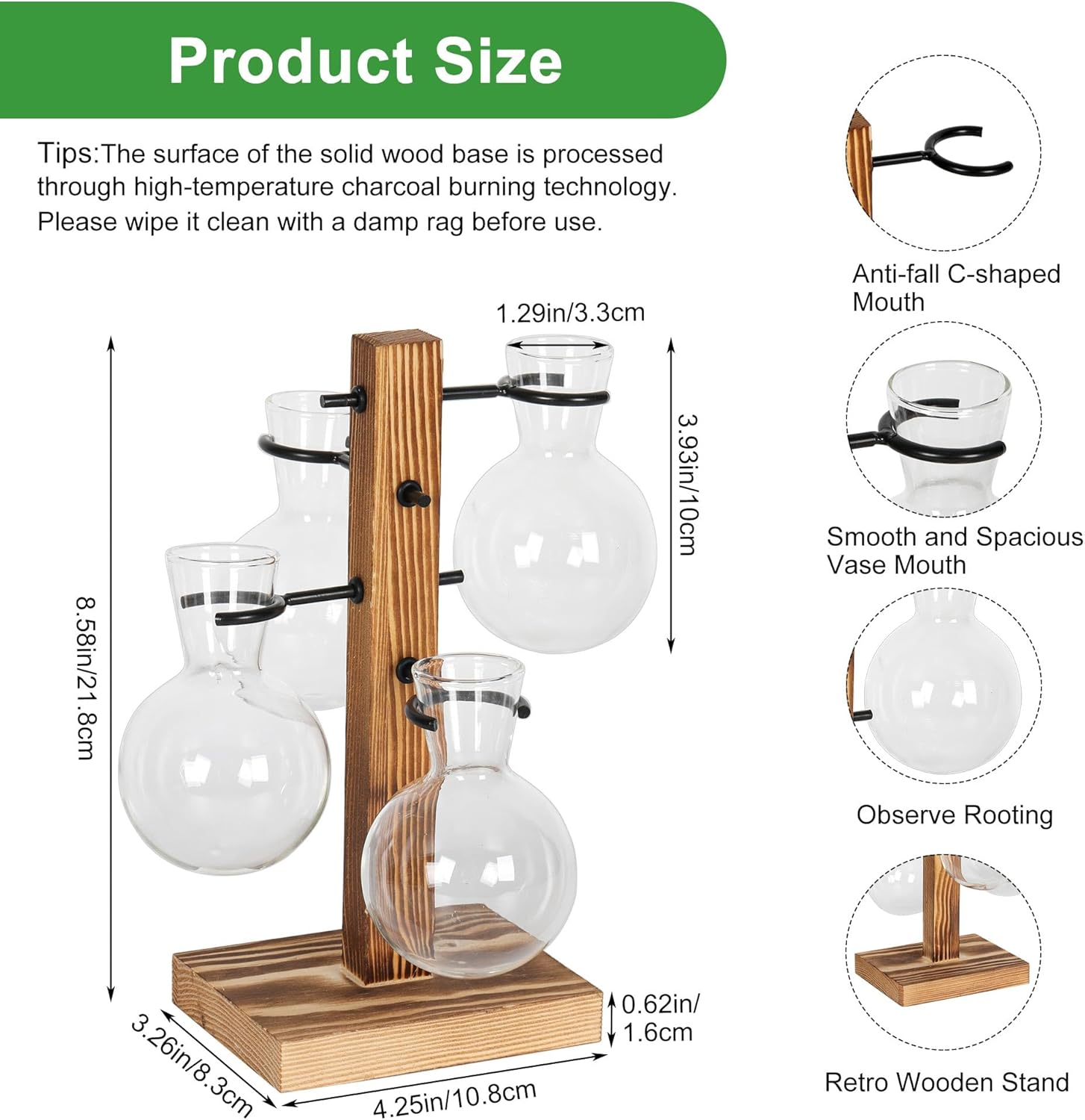 Plant Propagation Station with 4 Glass Vases & Wood Stand, Hydroponic Air Planter for Indoor Plants, Unique Gardening Gift for Women & Plant Lovers, Desktop Terrarium for Home Decor - Image 3
