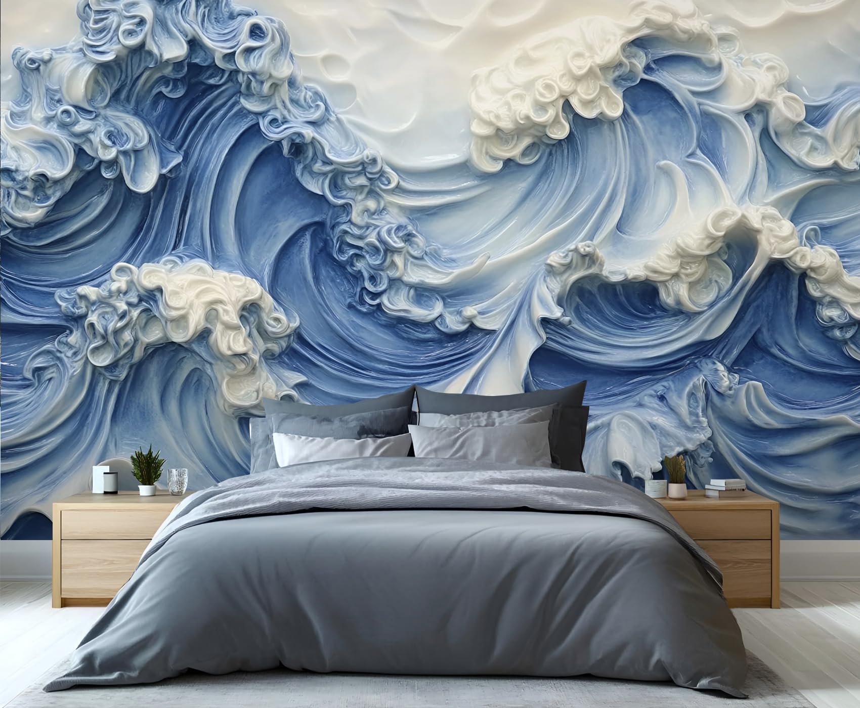 GIVLWF Ocean Waves Wallpaper, 3D Stereoscopic Landscape Bedroom Wallpaper, Nordic Blue Wall Paper for Living Room, Not Self Adhesive Light Luxury Wall Mural, Beauty Large Mural & Room Decor โ image 1