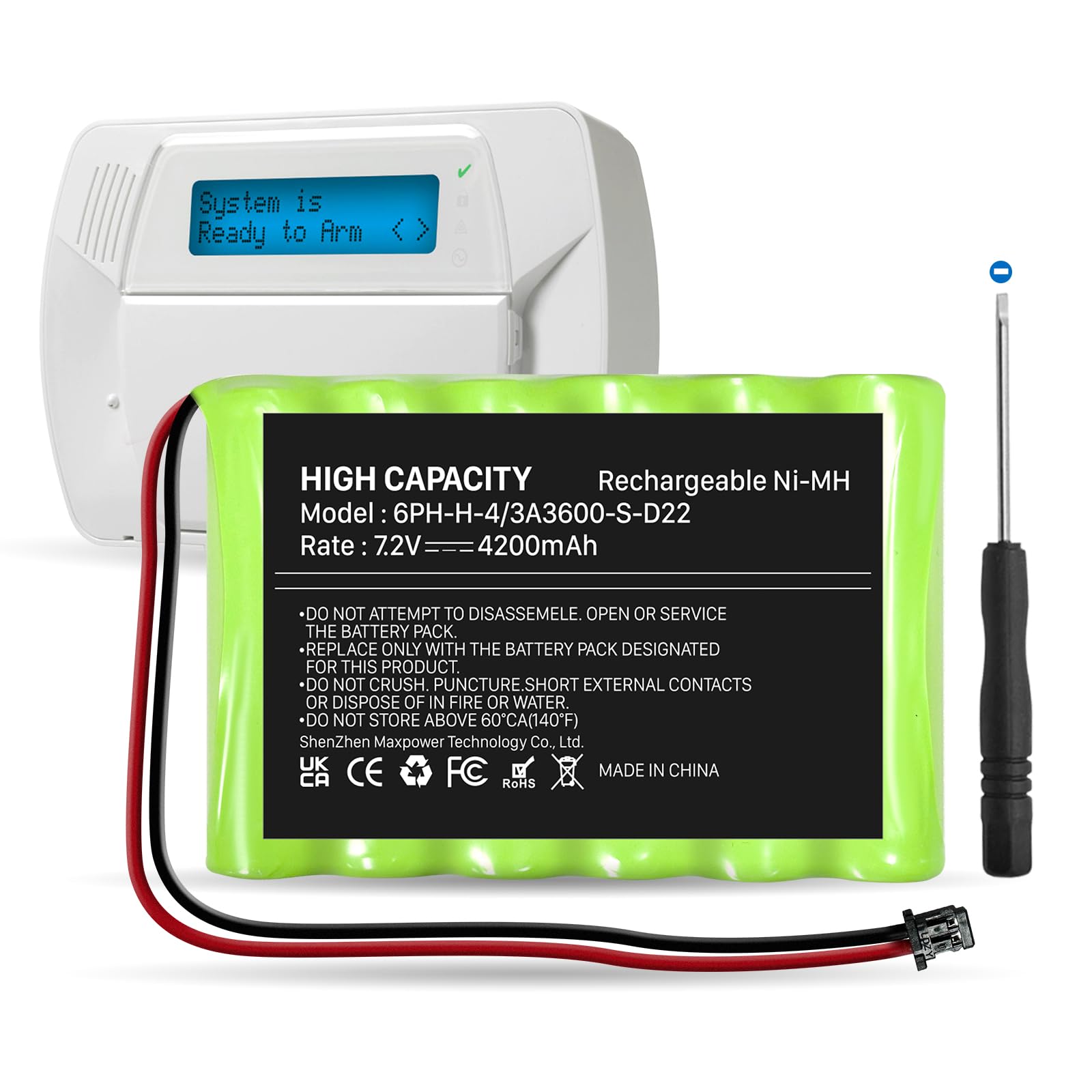 Upgraded Replacement Battery for ADT DSC IMPASSA 9057 SCW9055 SCW9057 BH7236-SS 17000145 17000152 Wireless Home Security System Alarm Control Panel DSC 6PH-H-4/3A3600-S-D22 Ni-MH (2 Pin Connector)