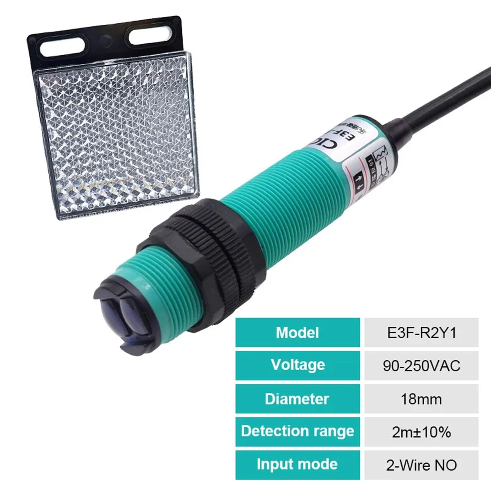 E3F-R2N1 Feedback Reflektierender Fotoelektrischer Schalter NPN PNP DC5-36V Erfassungsbereich 2m Einstellbar NK/N2/P1/P2/Y1/Y2 Infrarotsensor (Color : E3F-R2Y1)