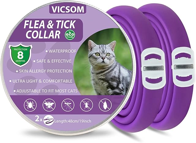 Flea and Tick Collar for Cats, Flea Cats Collar, Flea Treatment Cats, 8 Months Protection Waterproof Adjustable Cat Flea and Tick Collar, Natural Anti Tick Collar for Kittens Cats Purple 2Pcs