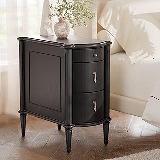 Nightstand w/Charging Station & 3 Drawers, Pre-Assembled, Vintage Side Table w/Antique-Finished Pulls, Rustic Wood Finish, Narrow End Table w/Turned Legs for Bedroom (1, Black)