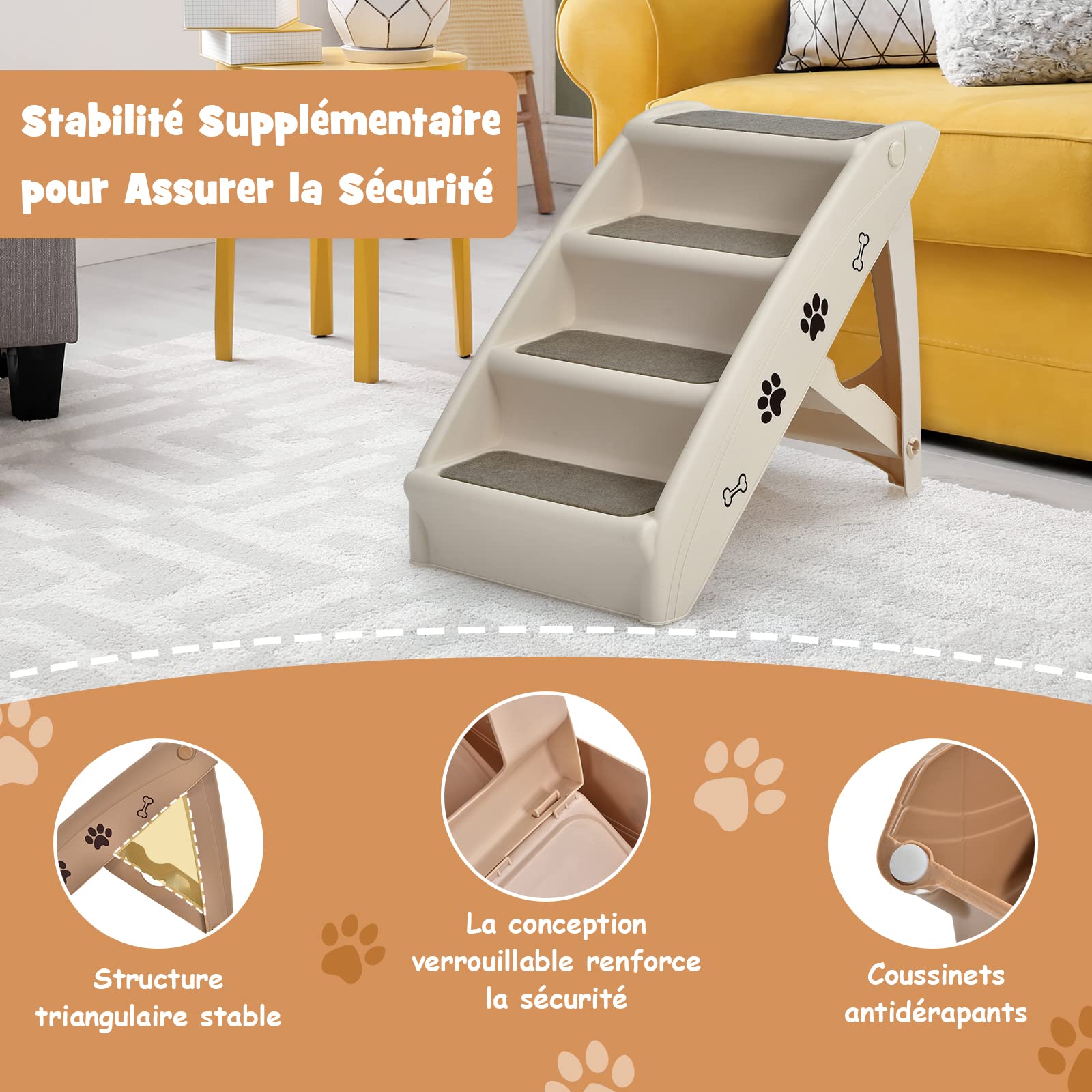 COSTWAY Escalier pour Chien Pliant à 4 Marches en Plastique Charge 60KG 64 x 39 x 49 cm Feutre Doux Structure Triangulaire Echelles pour Chiens et Chats (Café)