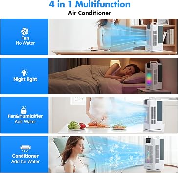 Portable Air Conditioning Fan,4-in-1 Mobile Evaporative Air Cooler with 4 Speeds&3 Spray Modes,120°Oscillation,2L Water Tank with 8H Timer,5 LED Lights,Quiet Cooling Fan for Office Home Bedroom
