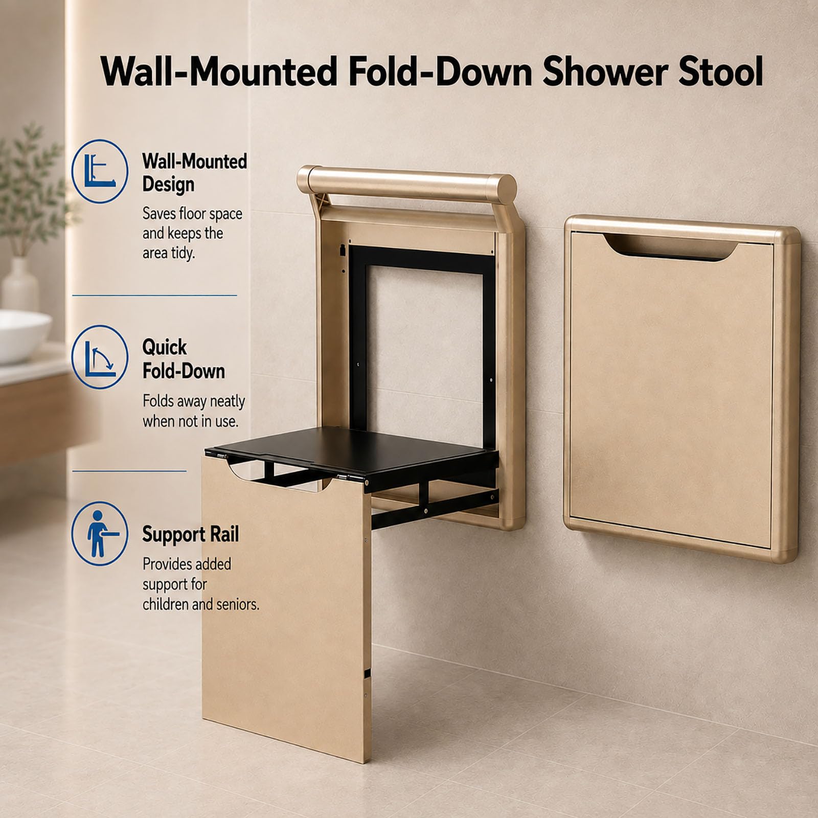 Asiento De Ducha Abatible De Pared, Perfil Plegado De 4 Cm White