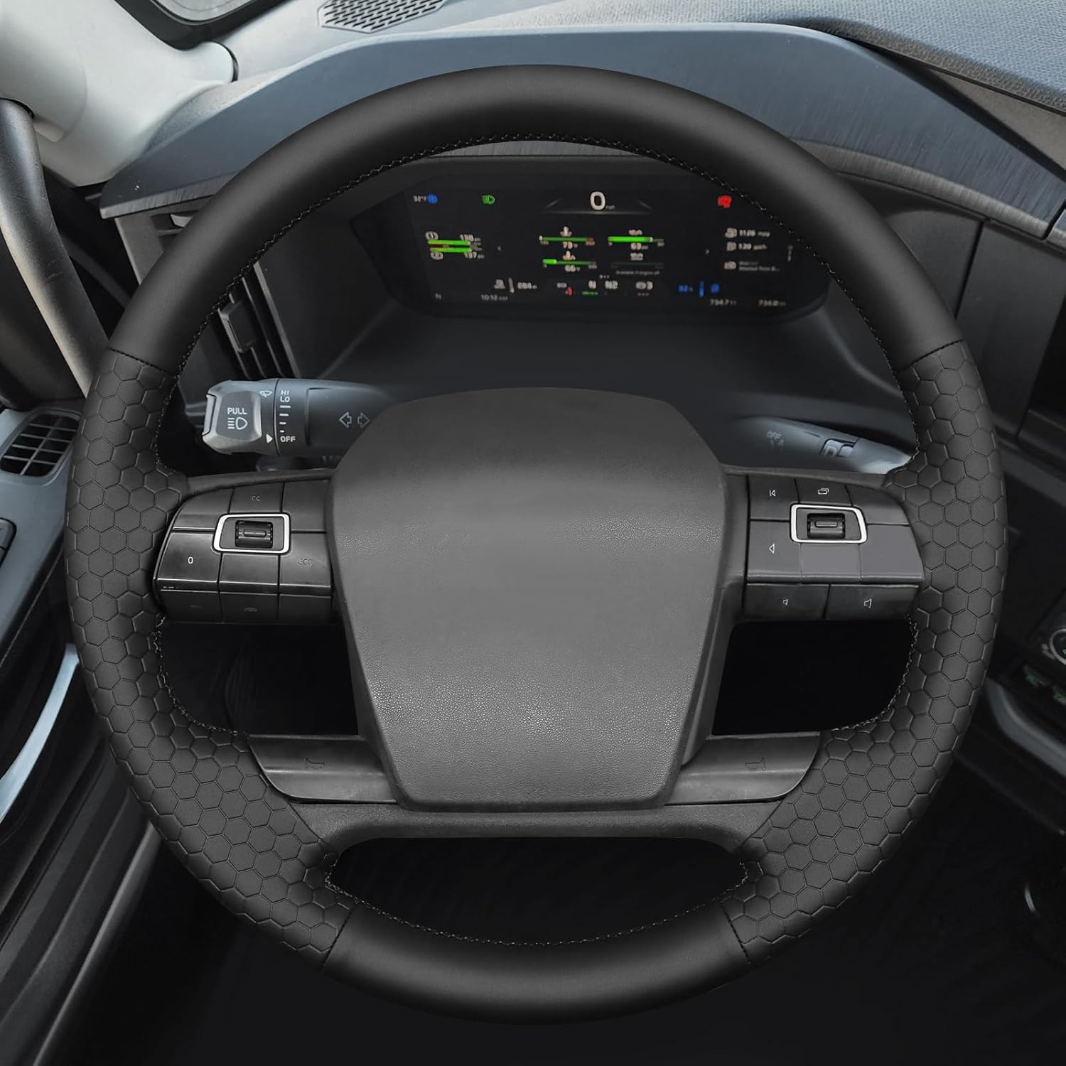 MEWANT Hand Stitch Steering Wheel Cover for Volvo VNL VNR FM FH 2025 Made of Black Smooth Hexagon Embossed Faux Leather