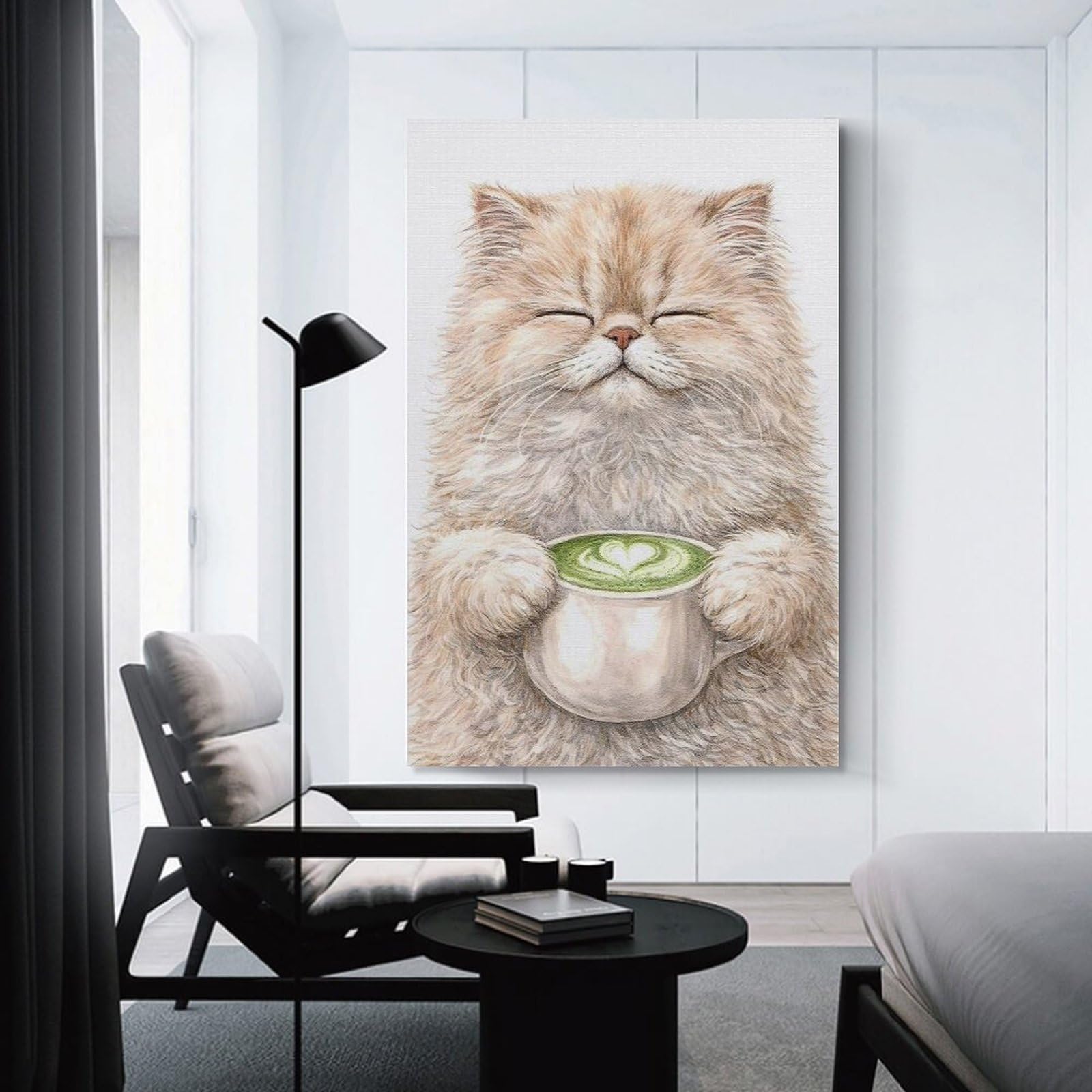 Junmoney Wall Decor Canvas Print Fluffy Cat Enjoying Matcha Latte, 24x36inch(60x90cm), for Bedroom, Lounge Or Dressing Area, Stylish Decor for A Restful Room Update