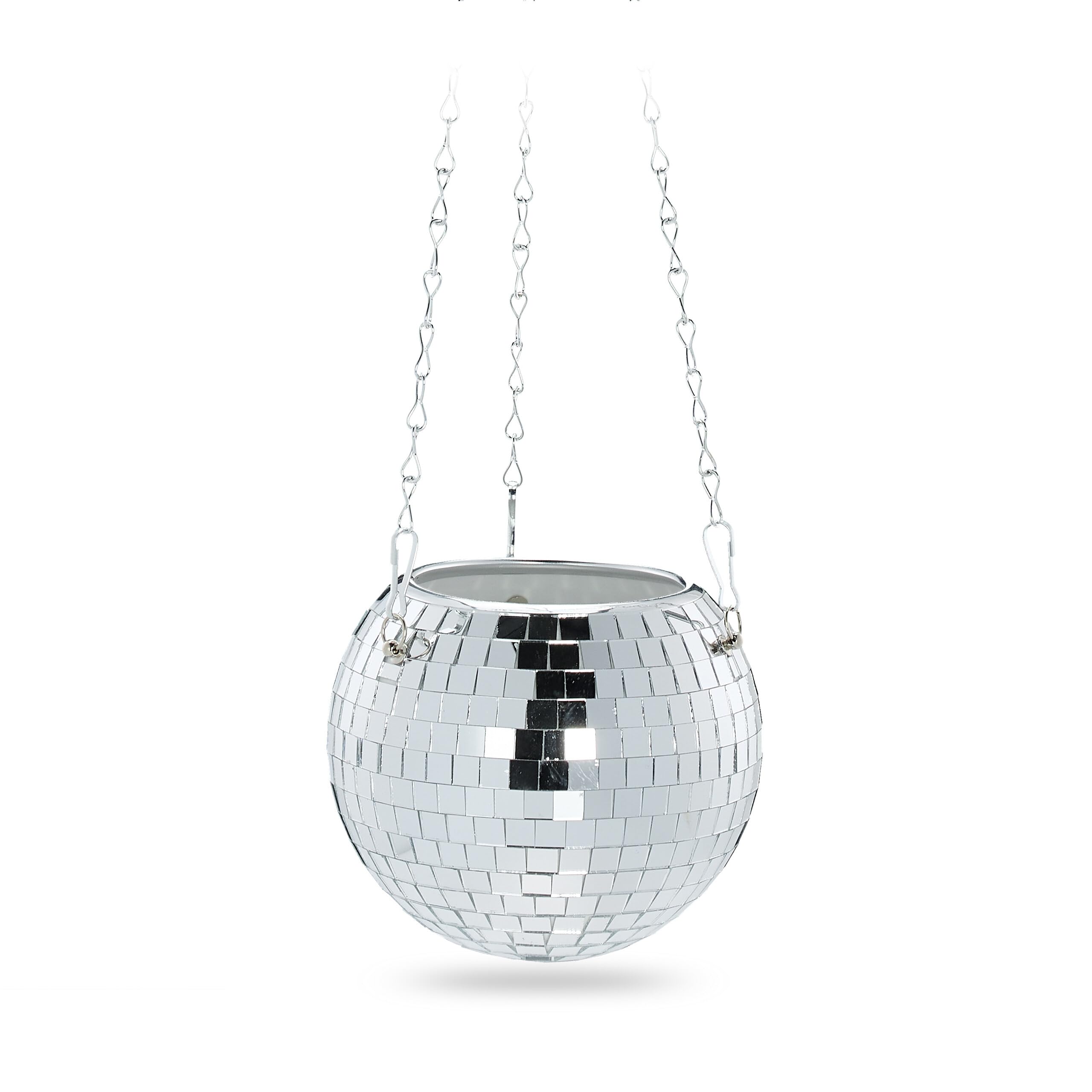 Pot de fleur disco suspendu en verre argent avec chaîne pour plante verte d'intérieur 13x15cm