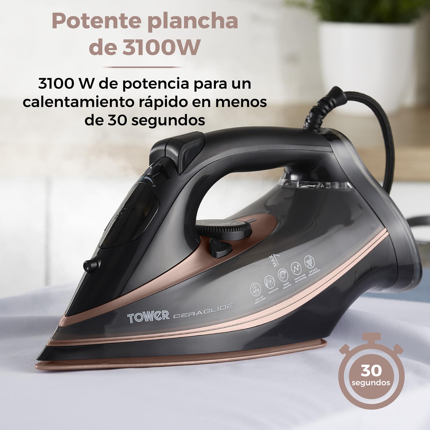 Tower T22013 CeraGlide żelazko parowe, płyta ceramiczna, 3100 W, różowe złoto i czerń