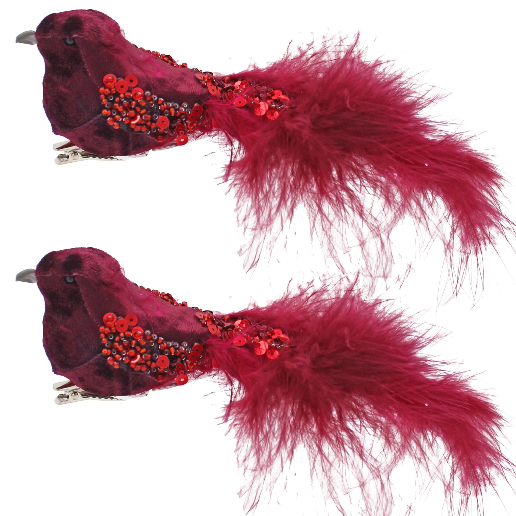 Widdle Gifts Pink Christmas Clip On Bird 12Cm Decoration Velvet With Feathers And Glitter - Burgundy (2)