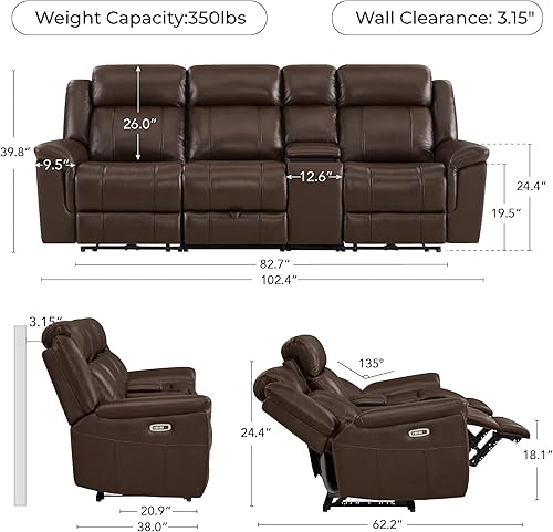 Miniatura 2 de CHITA Sofá reclinable eléctrico de cuero genuino, sofá reclinable de pared con mesa desplegable, consola, reposacabezas eléctrico, cajones, puertos