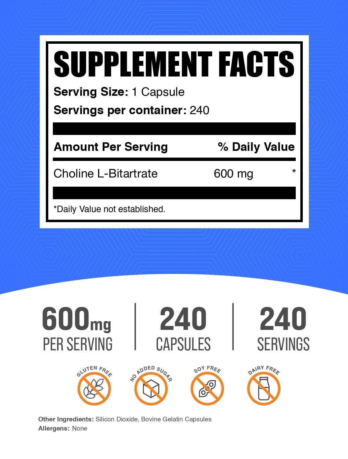 BulkSupplements.com Choline Bitartrate Capsules - Choline Supplements, as Choline L-Bitartrate - Choline 600mg, 1 Capsule per Serving, 240 Capsules (Pack of 1) — Amazon image 2