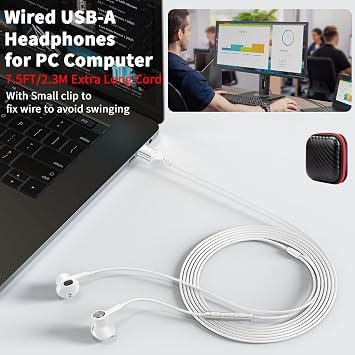 USB Earbuds Wired with Microphone for PC,USB-A Headset for Computer
