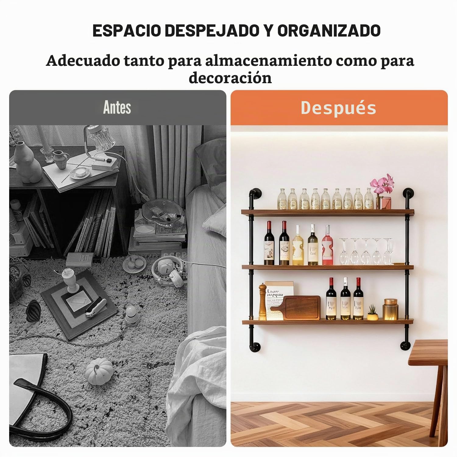 120 cm Botellero de Pared con LED para Vino 3 Niveles para Bar, Restaurante | Botellero de Madera para Vino con Tuberías Metálicas, Botellero Industrial de Pared de Madera y Acero para Bar, Cocina, Hogar