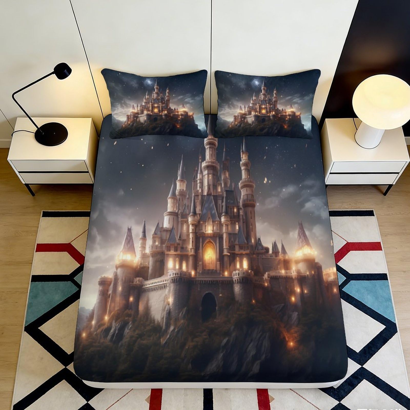 3D Printed Castle Night Fitted Sheet Microfiber Soft Breathable Fantasy Palace Bed Cover for Bedroom Dorm Decor 90x200x25cm