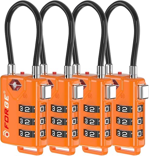 Forge TSA Approved Cable Luggage Locks, Re-settable Combination with Alloy Body, Orange 4 Locks.