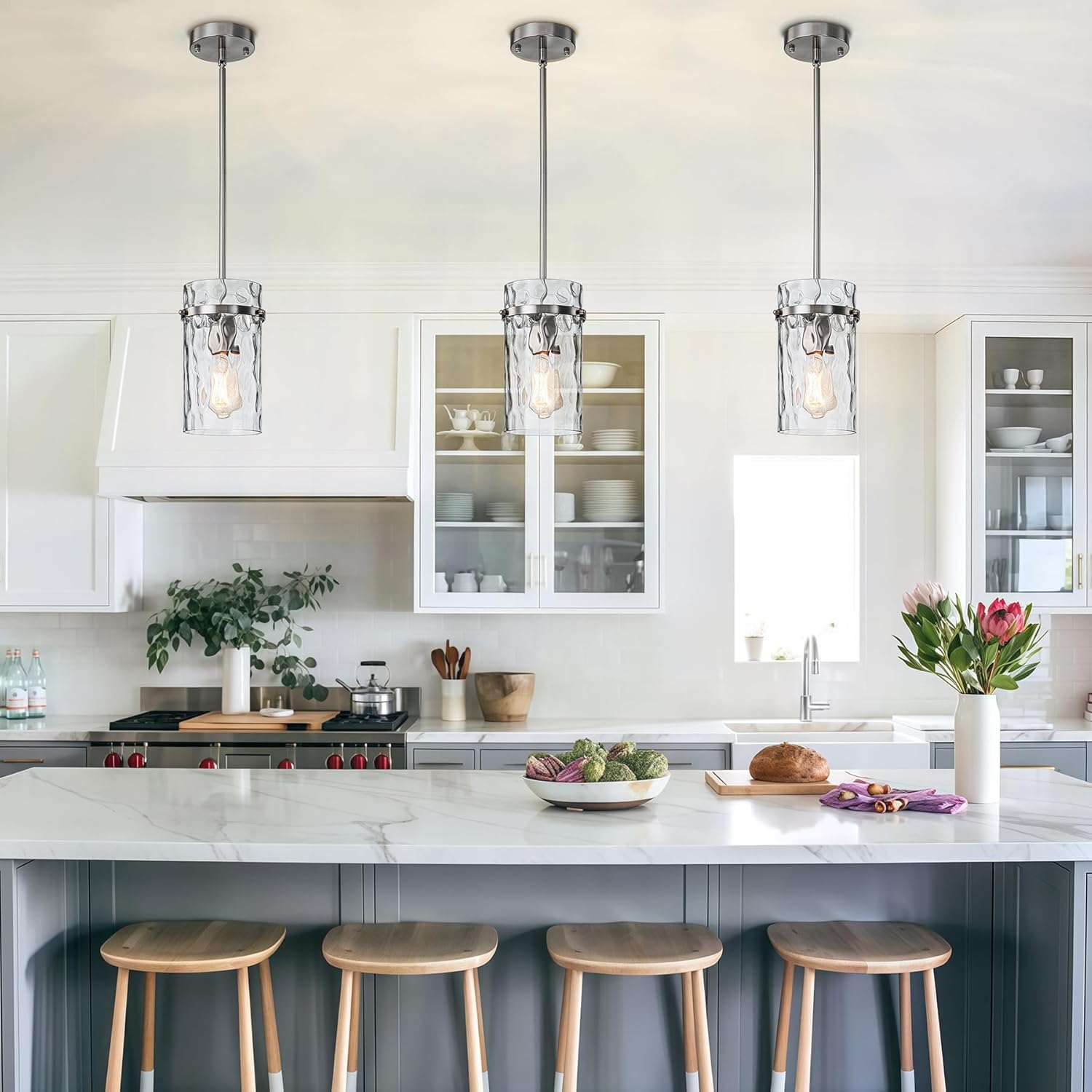 5.5" Brush Nickel Hammered Glass Pendant Light Fixtures, Brushed Nickel Pendant Lights Kitchen Island, Modern Kitchen Island Light Dining Room Light Farmhouse Island Lights Sink 2 Pack