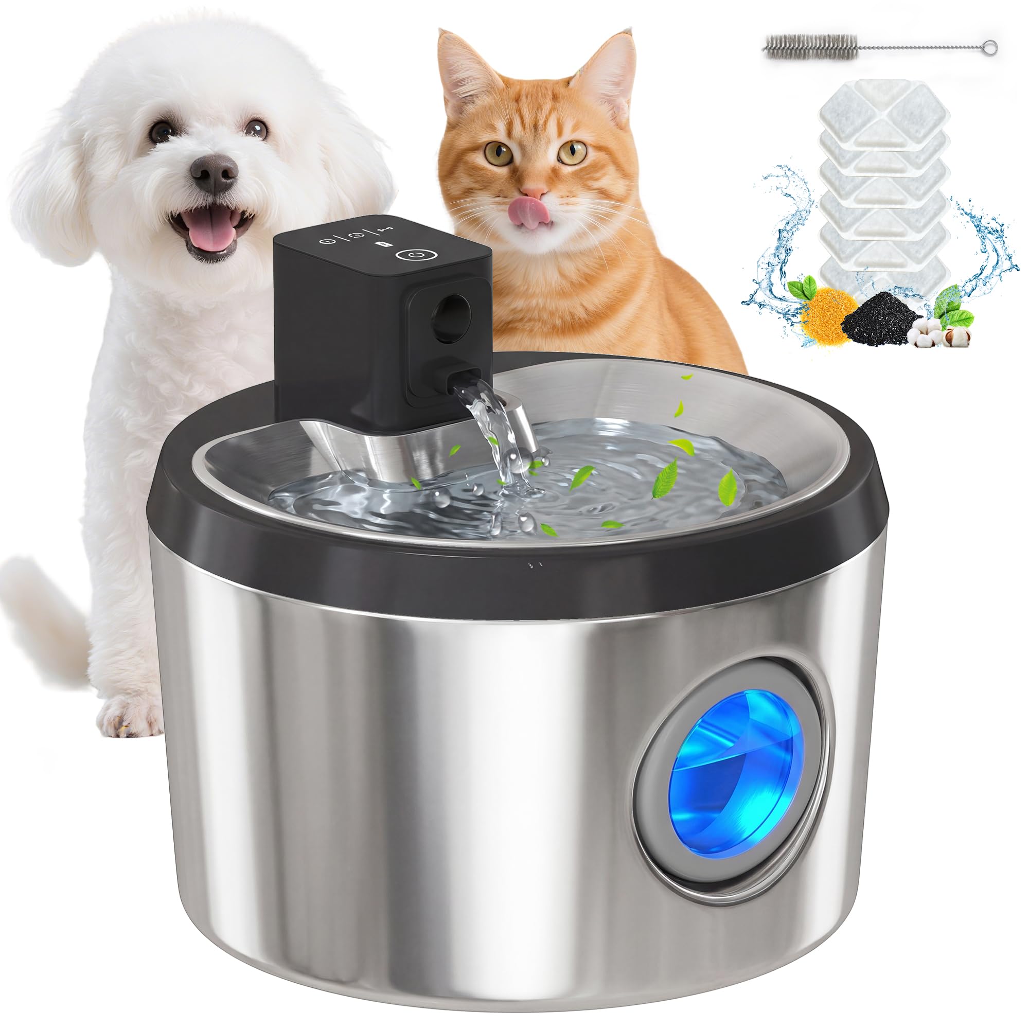 PawHut Fuente para gatos, 4 l, inalámbrica, acero inoxidable, con detector de movimiento, color plateado | Fuente para beber, 6 filtros, sistema de filtración doble, ventana LED, ultrasilenciosa, funciona con pilas, para 30 días
