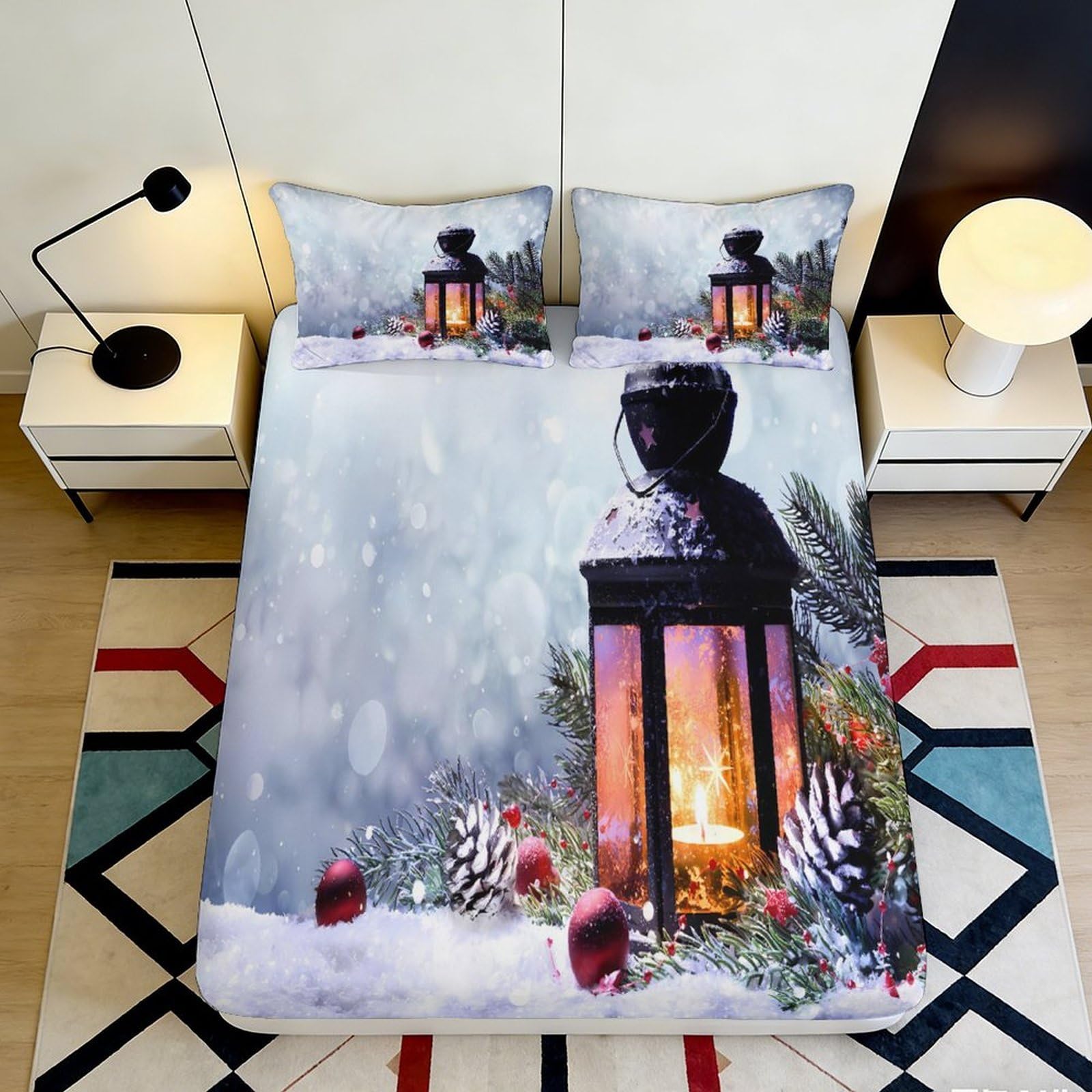 3D Printed Winter Lantern Fitted Sheet Microfiber Soft Christmas Snow Mattress Cover for Bedroom Guest Room Decor 90x200x25cm