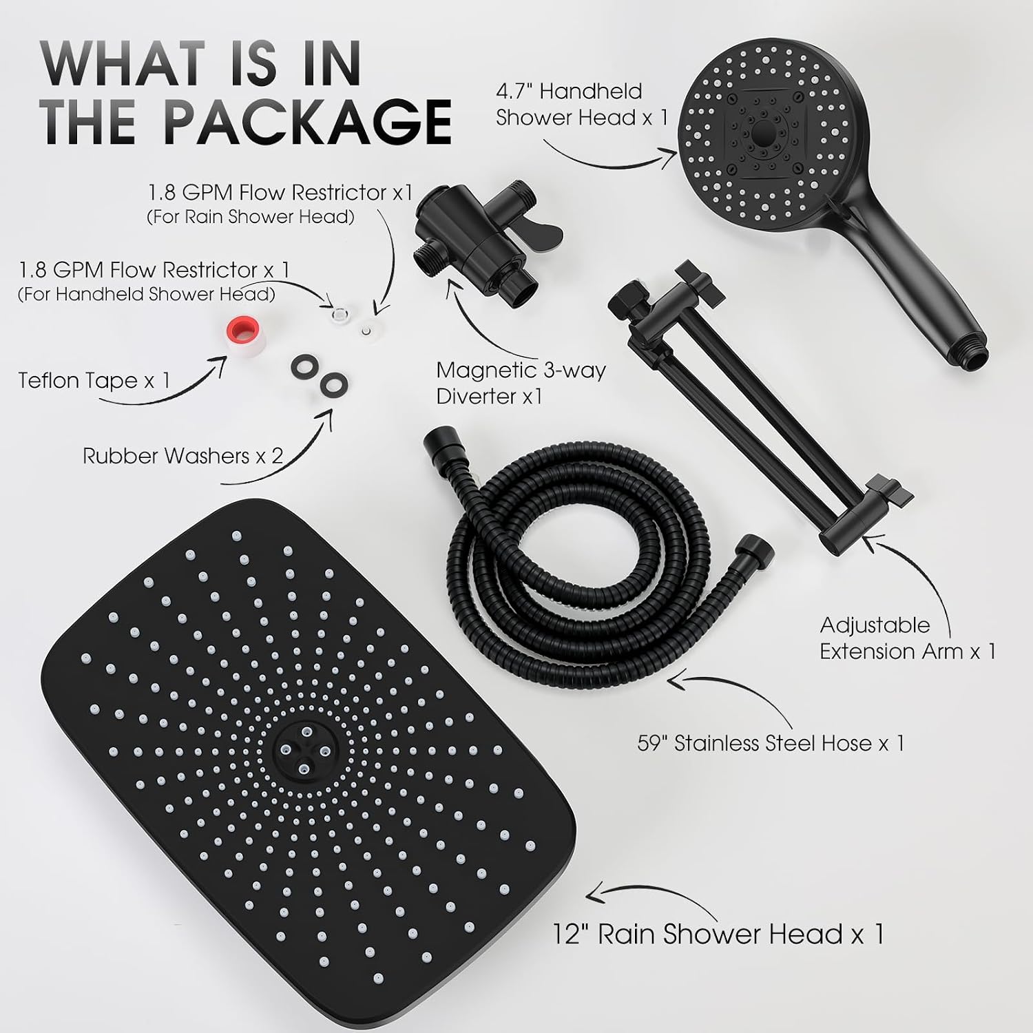 12" Rain Shower Head with Magnetic 4.7" 9-Mode Handheld Spray Combo, High Pressure Dual Shower Heads with Adjustable Extension Arm, with 59'' Extra Long Shower Hose (Black)