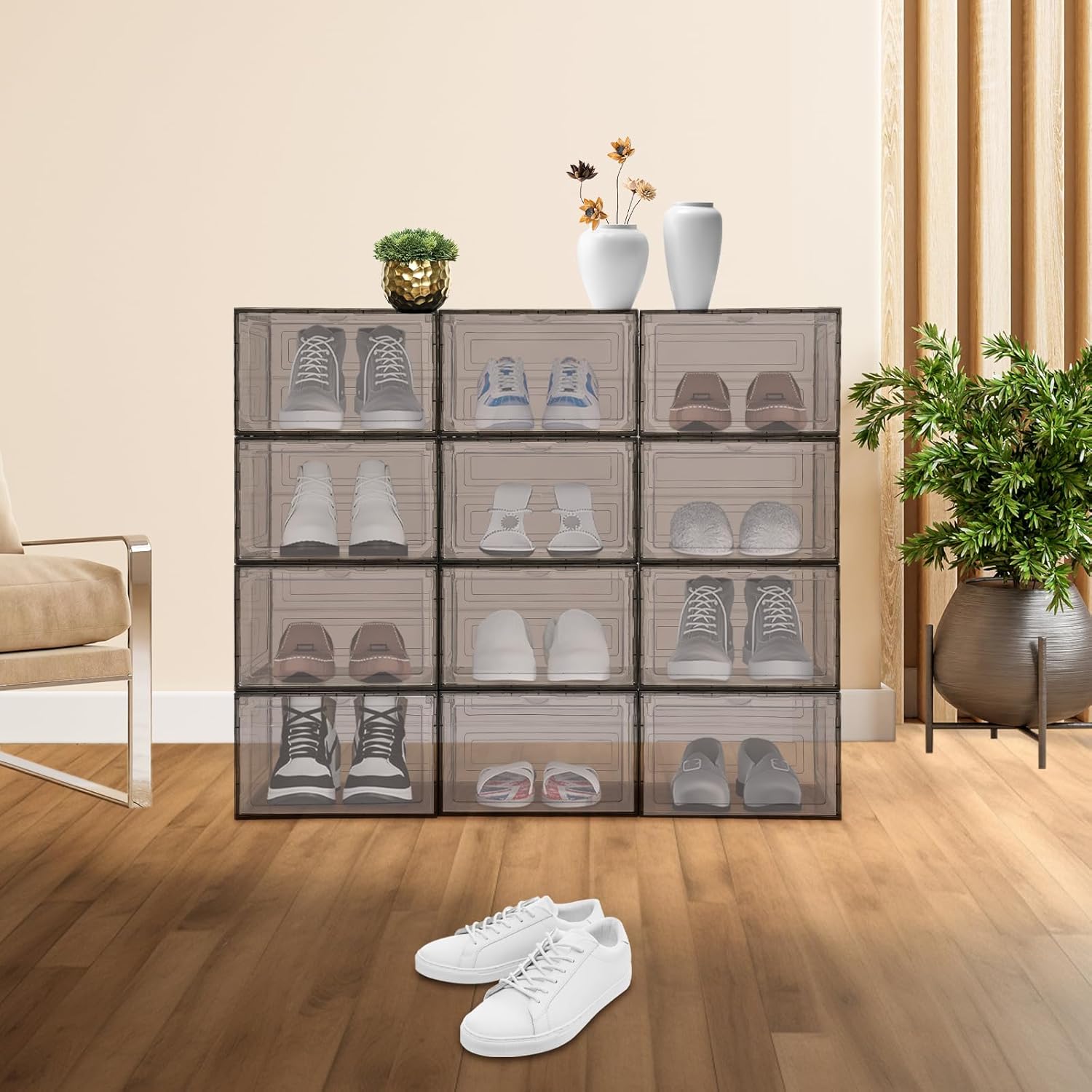 12 Pack Stackable Shoe Box,Semi-Transparent Plastic Sneaker Box,Free Standing Shoe Containers,Acrylic Shoe Display Case,Sneaker Storage,for Shoes,Clothes, Purses,13.39*10.63*8.66in (Black Brown)