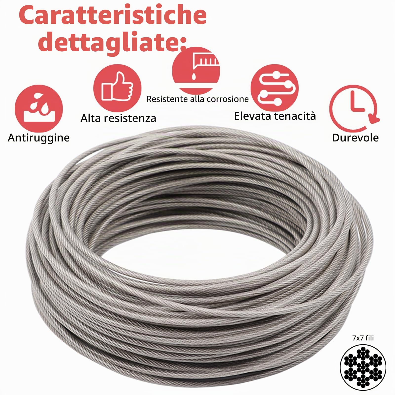 Set di 64 Corde in Acciaio Inox 304, 35 m, Spesse 3 mm, Con Tenditori per Piante Rampicanti, Tende e Recinzioni
