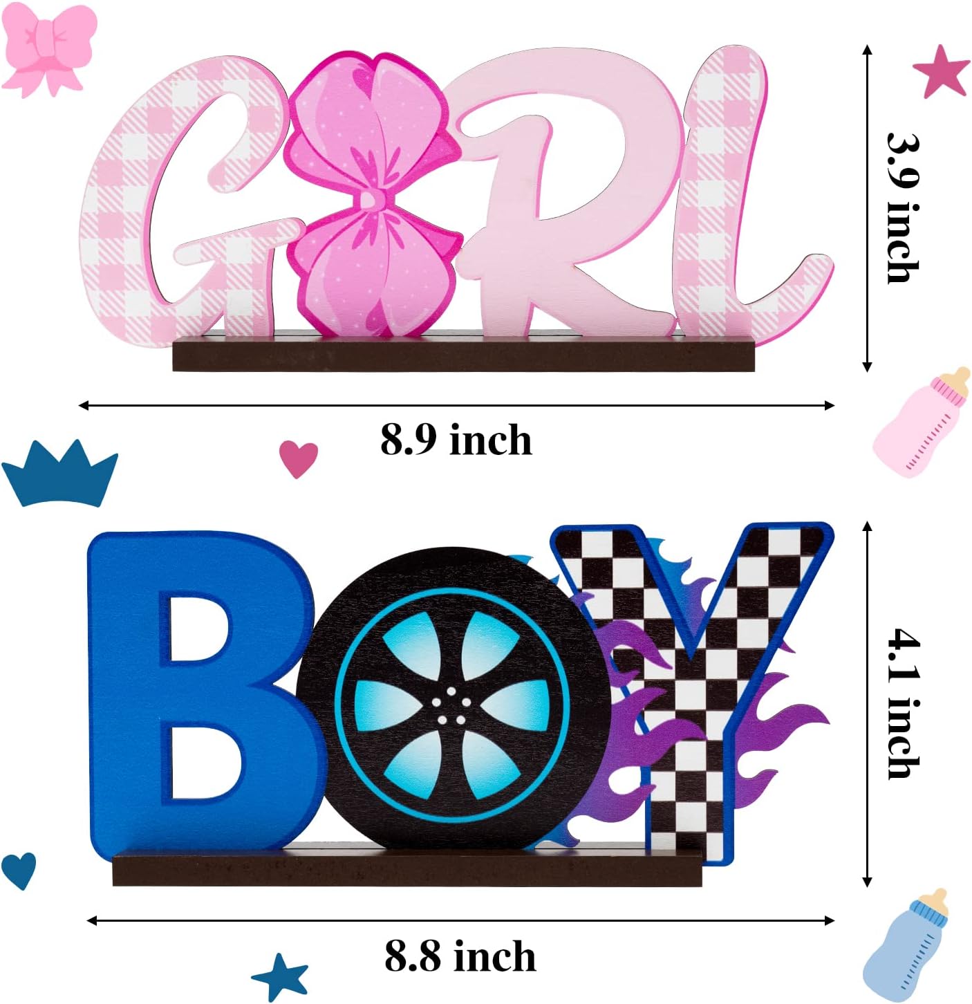 2Pcs Burnouts or Bow Gender Reveal Wooden Table Centerpieces Boy or Girl Letter Signs Blue Car Wheel Pink Polka Dots Bow Tie Party Decorations Supplies for He or She Gender Reveal Baby Shower