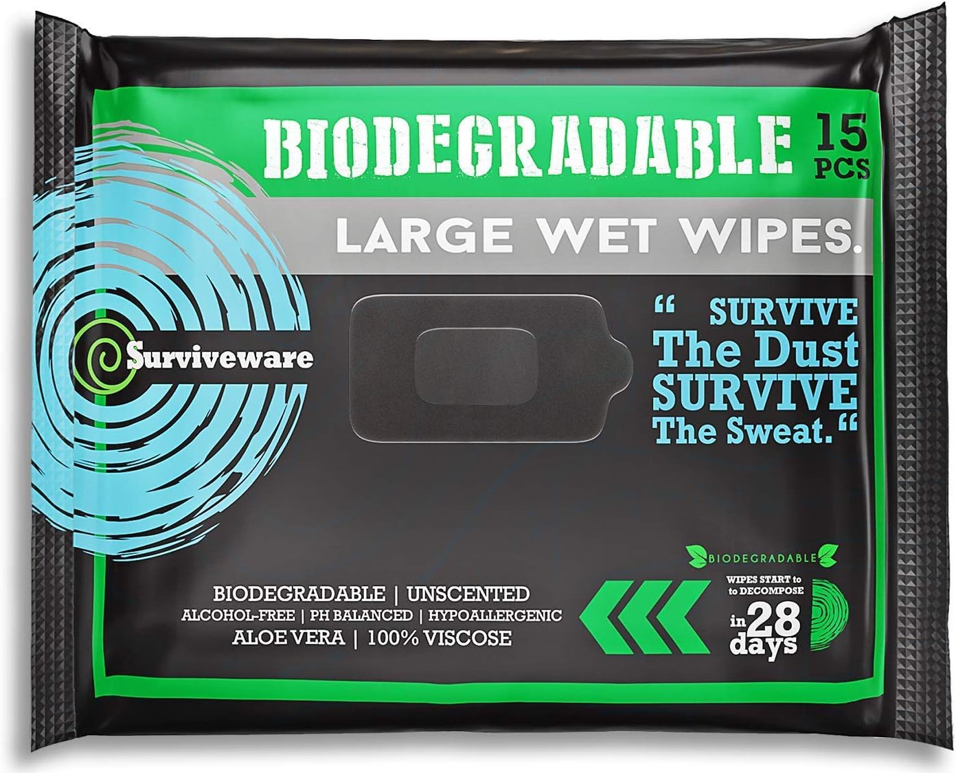 Surviveware Flushable Wipes for Adults, Men or Women - Unscented Biodegradable Wet Wipe for Face, Body & Butt - Post Workout, Travel & Outdoors, Camping - 15 Count, Pack of 1