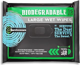 Surviveware Flushable Wipes for Adults, Men or Women - Unscented Biodegradable Wet Wipe for Face, Body & Butt - Post Workout, Travel & Outdoors, Camping - 15 Count, Pack of 1